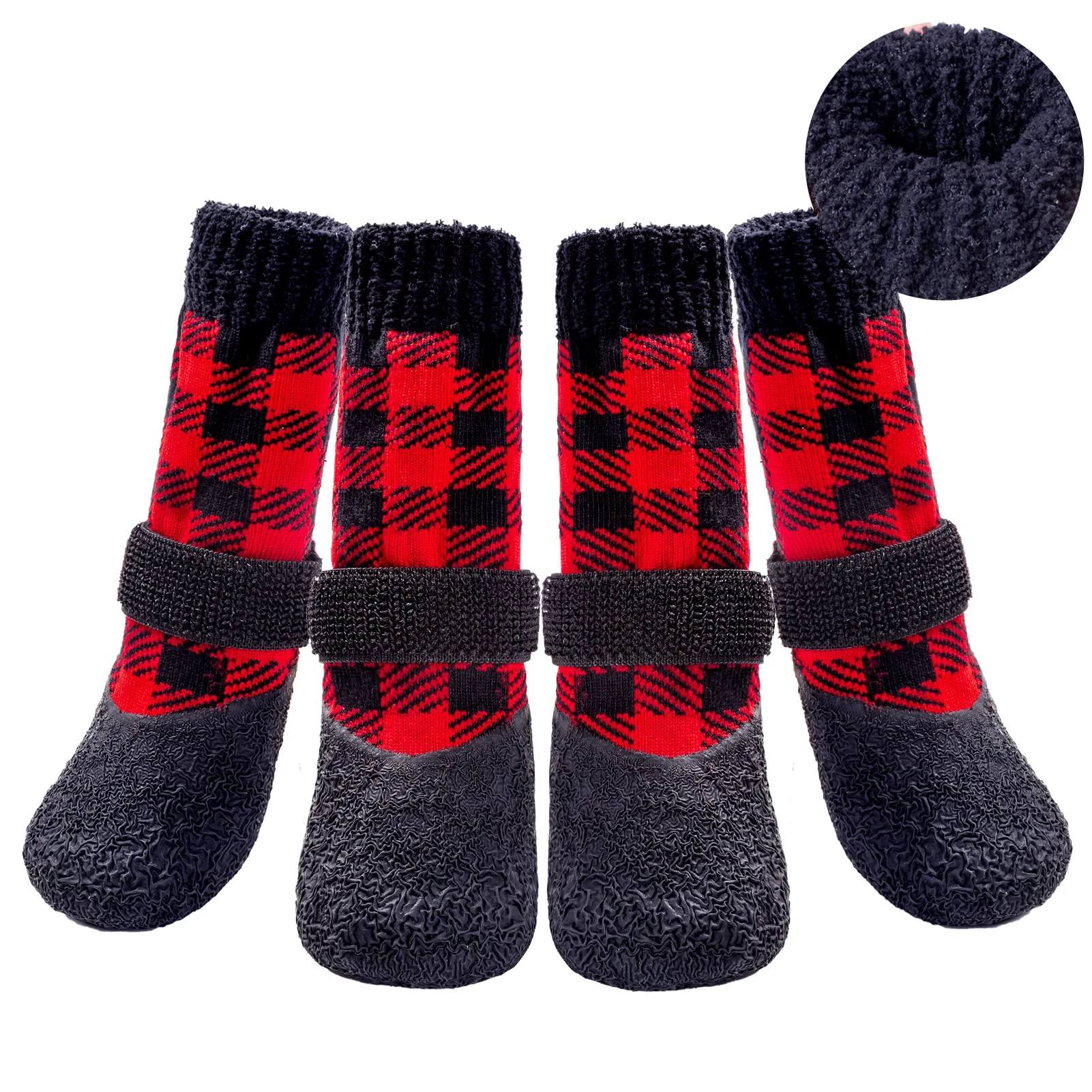Trendy BINGPET Anti-Slip Dog Socks Waterproof Plaid Paw Protectors with Adjustable Straps Warm Fleece Official