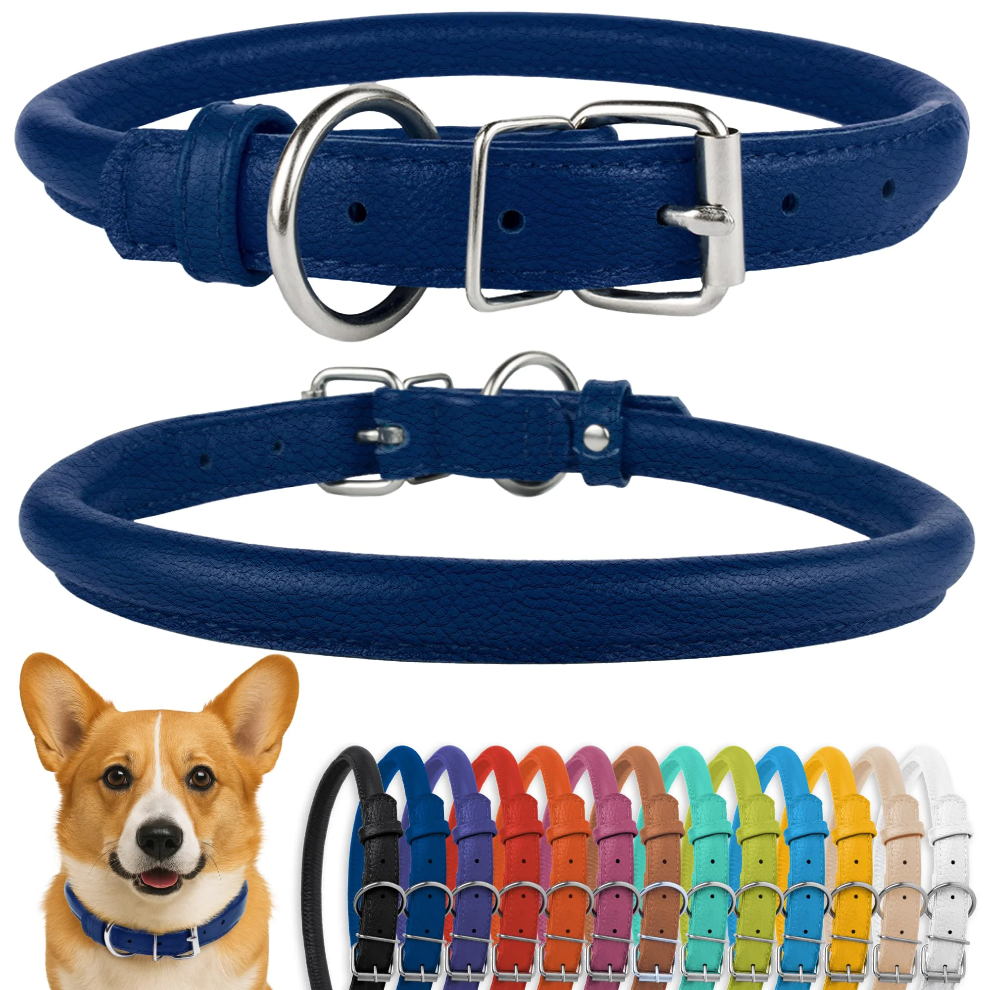 Recyclable CollarDirect Rolled Leather Dog Collar — Soft Padded Handmade Leather 13 Colors 13–16 Inch Deep Blue Textured Original