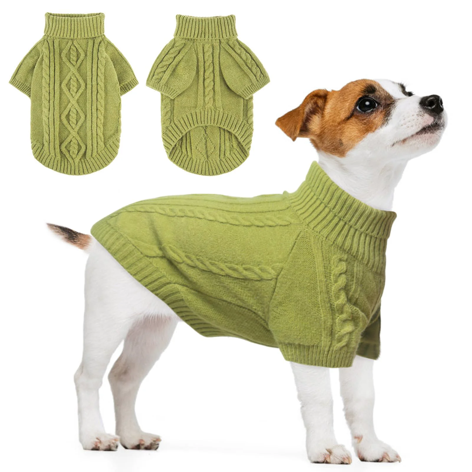 Certified BEAUTYZOO Green Cable Knit Small Dog Sweater Turtleneck Pullover for Cold Weather High-End