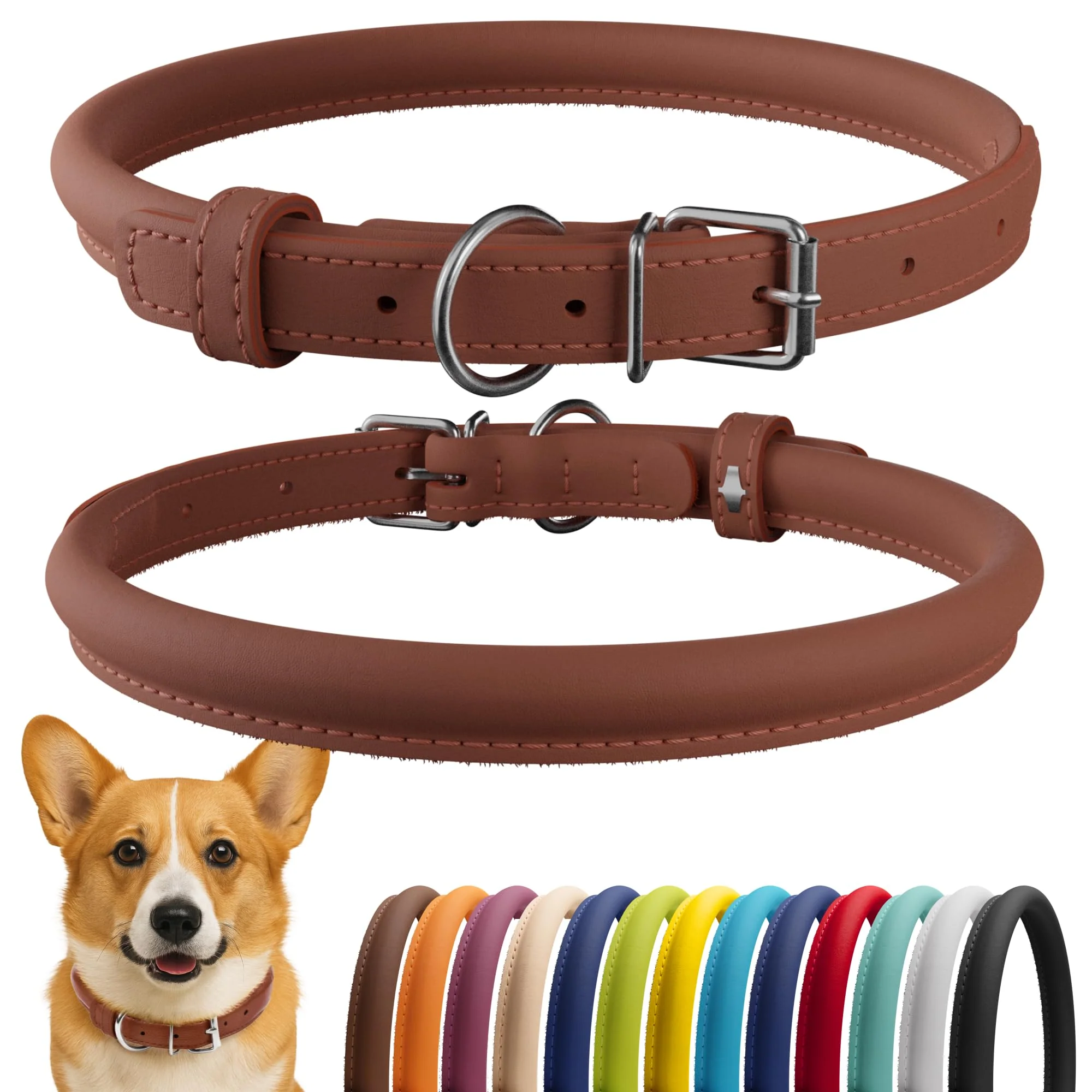 Fine CollarDirect Rolled Leather Dog Collar – Soft Padded Cinnamon Smooth 13 Colors 13-16 Inch Lightweight