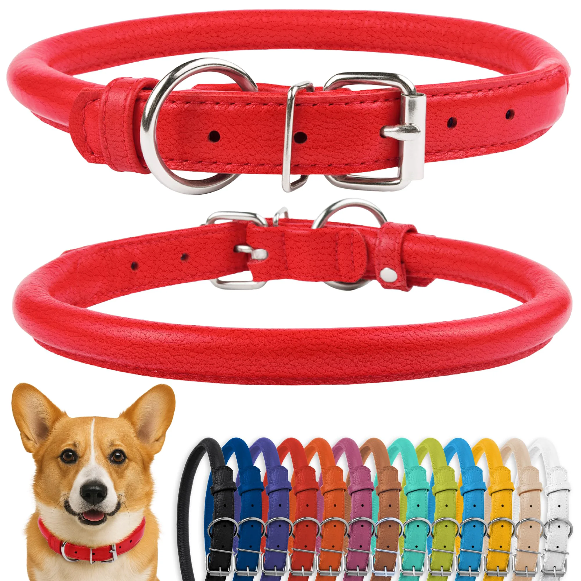 Casual CollarDirect Rolled Leather Dog Collar – Soft Padded Handmade Leather 13 Colors 13-16 Inch Effective