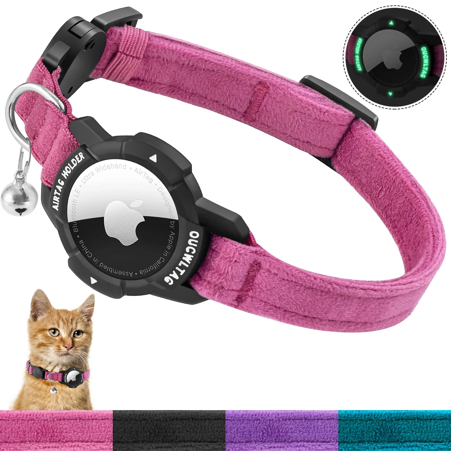 Top-Quality Luminous AirTag Cat Collar Breakaway – OUCWLTAG Pink 7-10in with Integrated AirTag Holder World-Class