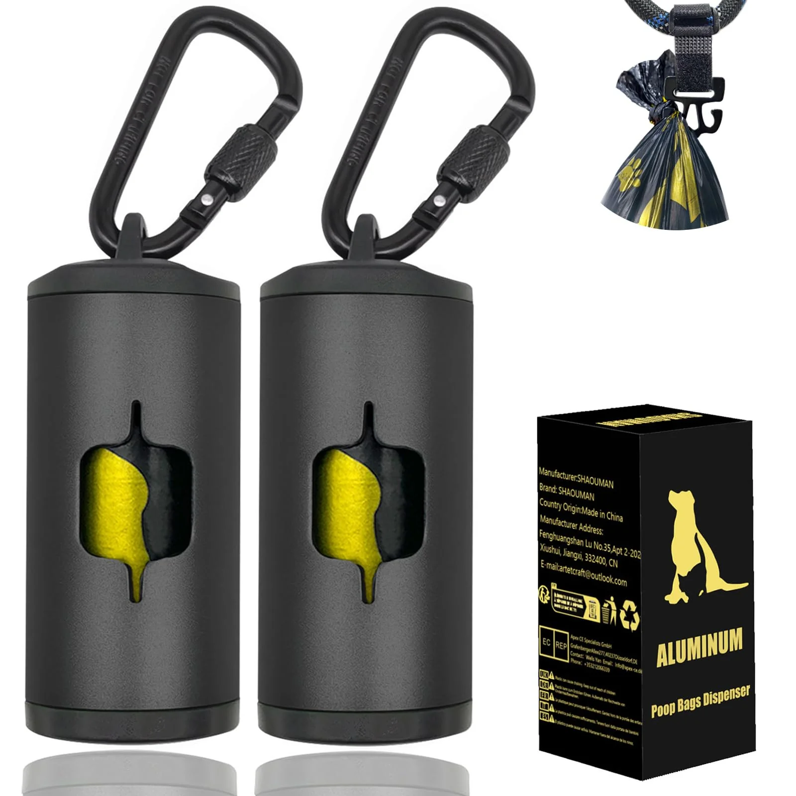 Certified SHAOUMAN Metal Dog Poop Bag Holder 2-Pack with Leash Clip – Scratch-Resistant Aluminum 30 Bags 6 Accessories Black Pure