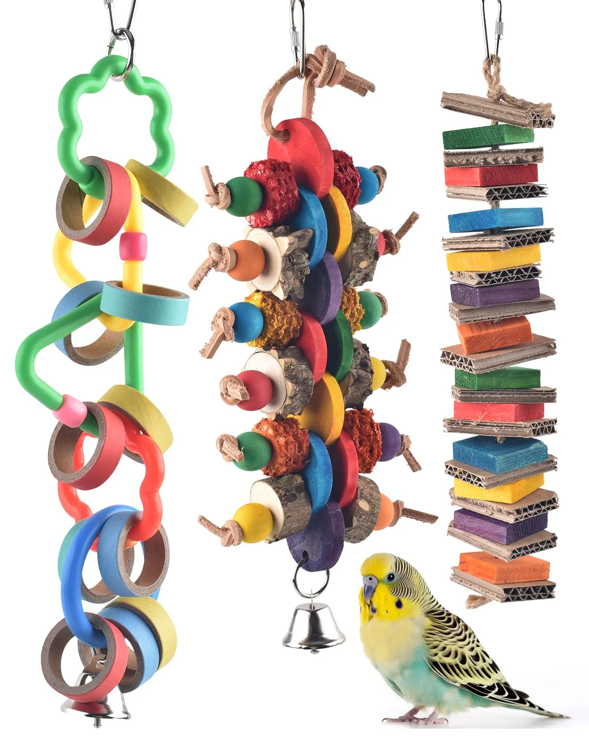 High-Performance Bissap 3 Pcs Bird Chew Toys – Multicolored Bagel Cascade for Parrots Small to Medium Birds Safe