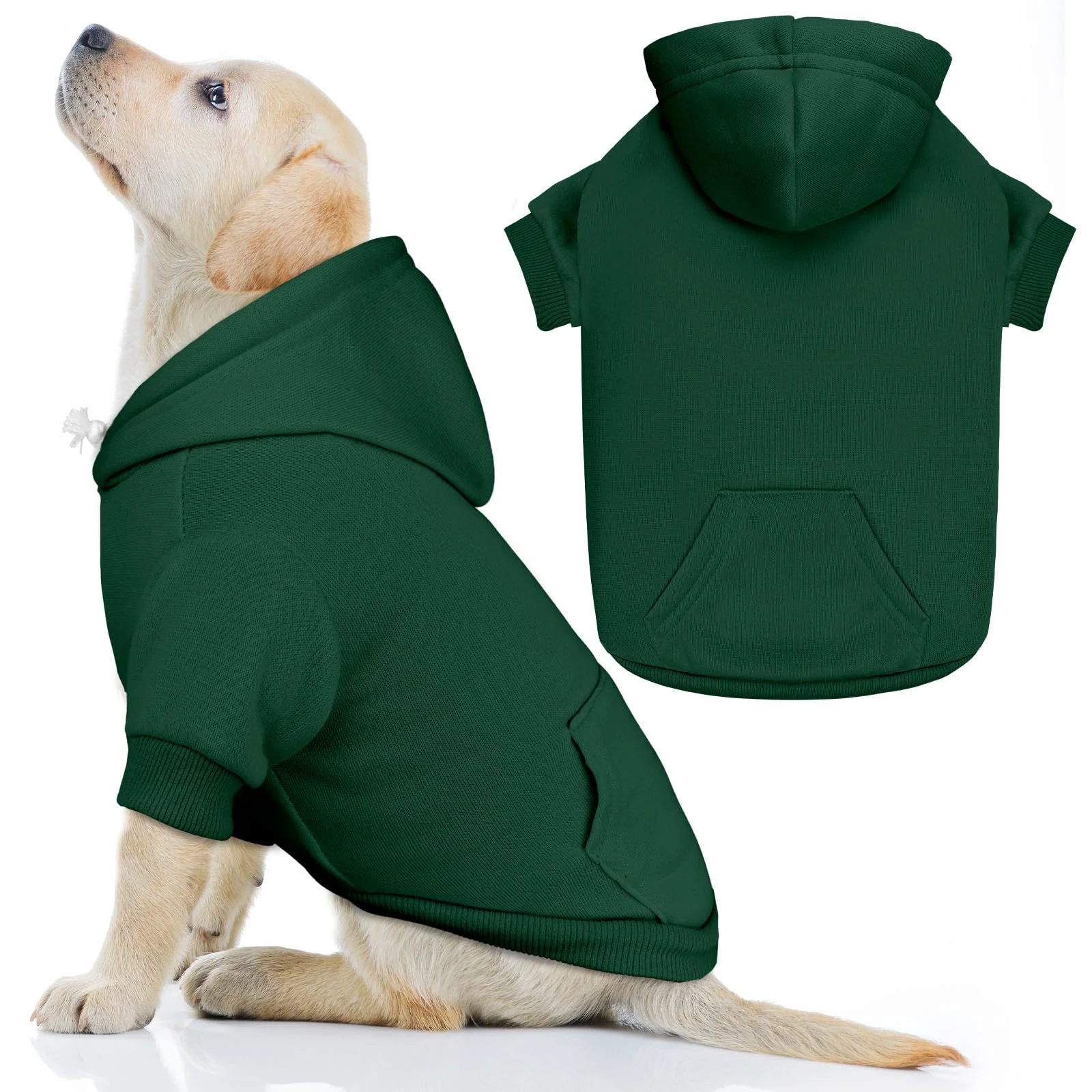 Comfortable QDYU Dog Sweaters for Large Dogs – Green Brushed Fleece Hoodie with Pocket Fine Crafted