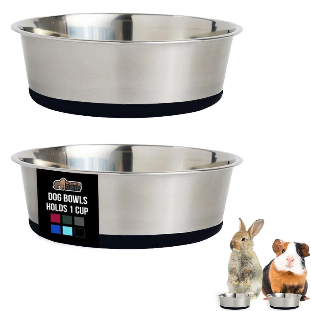 Classic GORILLA GRIP Stainless Steel Dog Bowls – 1 Cup Each Rust-Resistant BPA Dishwasher Safe Set of 2 Black Natural