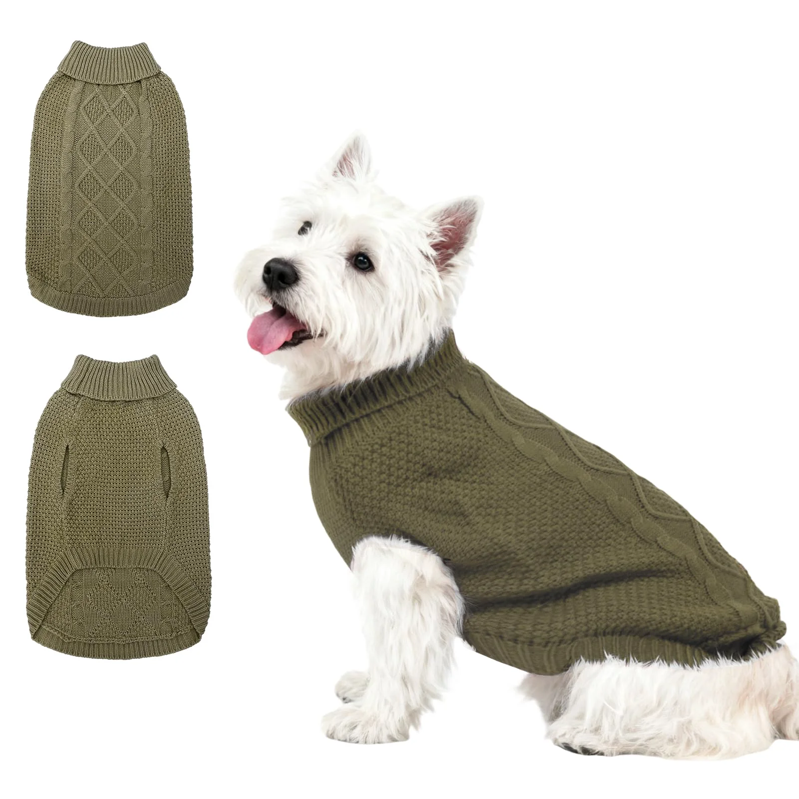 Certified Mihachi Turtleneck Dog Sweater – Cozy Cable Knit Winter Coat with Leash Hole Army Green Versatile