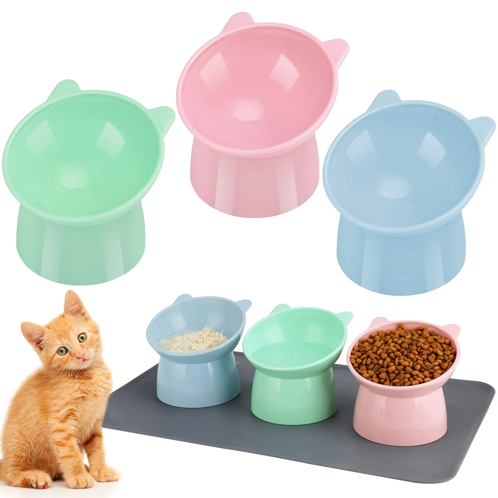 World-Class Hoemwarm 3 Pcs d Cat Bowls — 15° Tilt Silicone Mat Whisker-Friendly Raised Feeding for Indoor Cats Quality