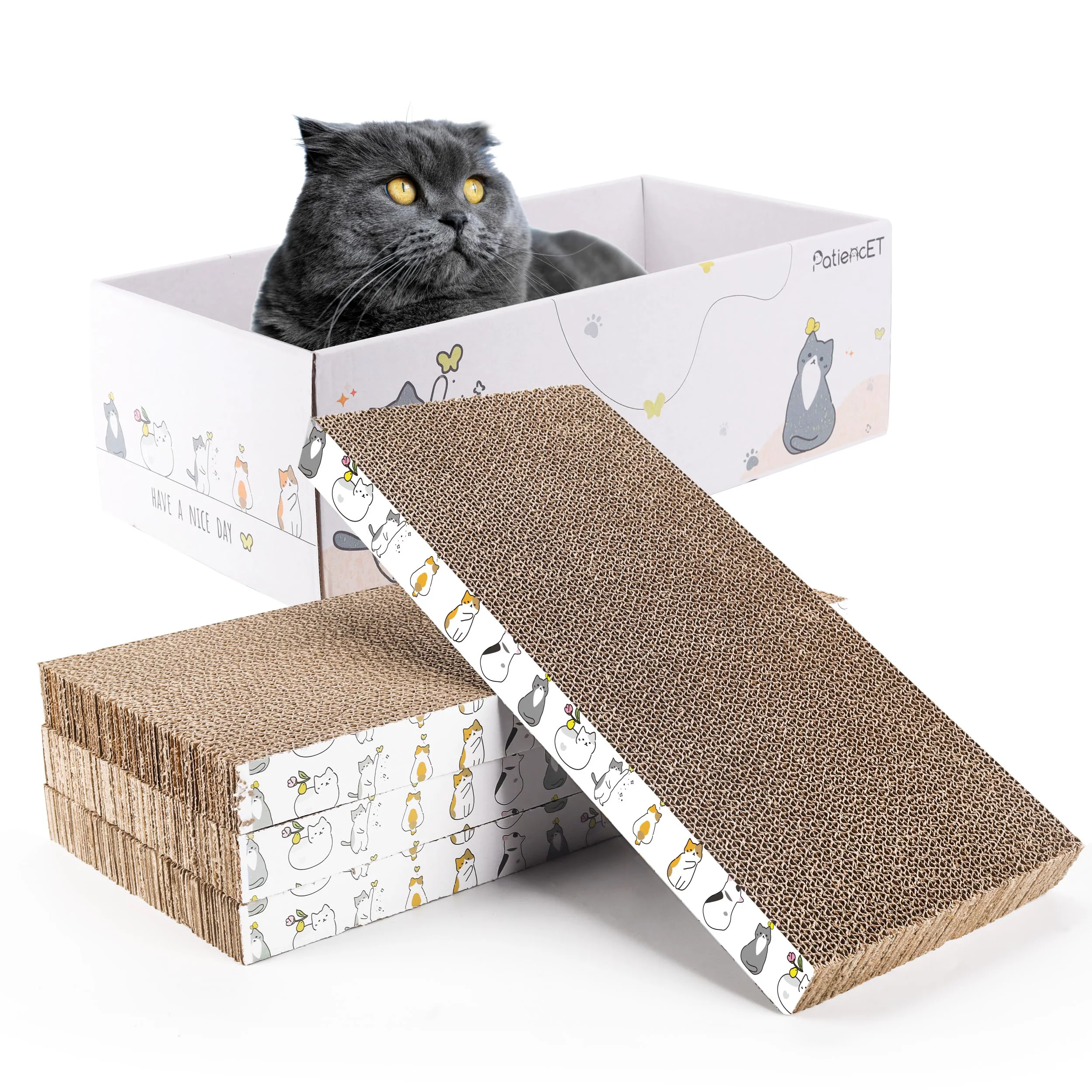 Casual PatiencET 4 Pack Cat Scratch Pad with Box – Reversible Cardboard Scratcher for Indoor Cats Premium Material
