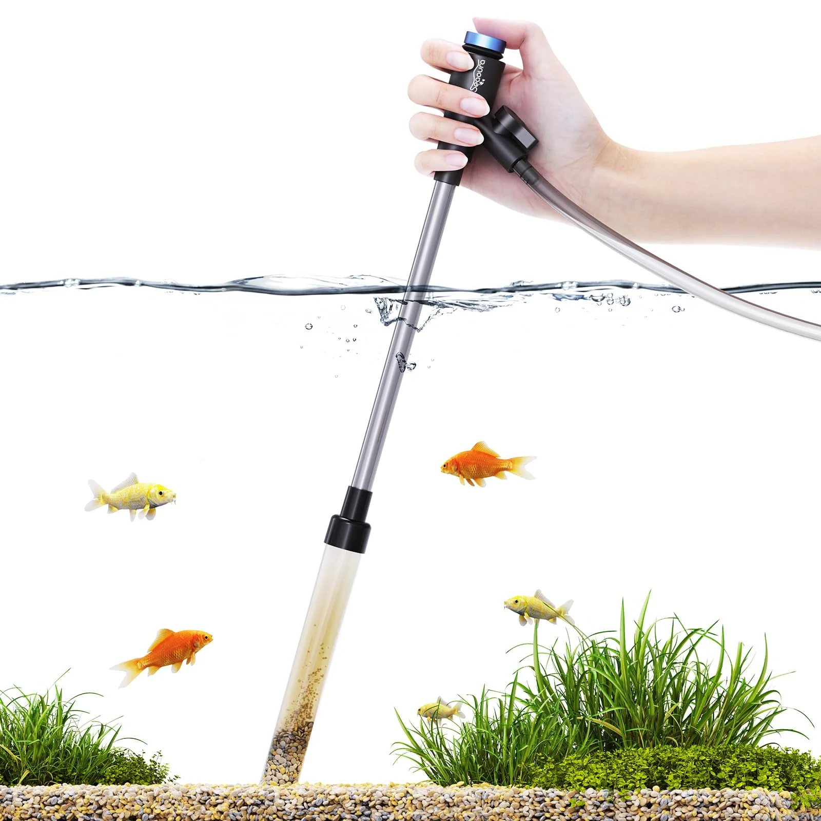 Lightweight SEAOURA Gravel Vacuum for Aquarium – 4-in-1 Mini Manual Cleaner for Small Tanks User-Friendly