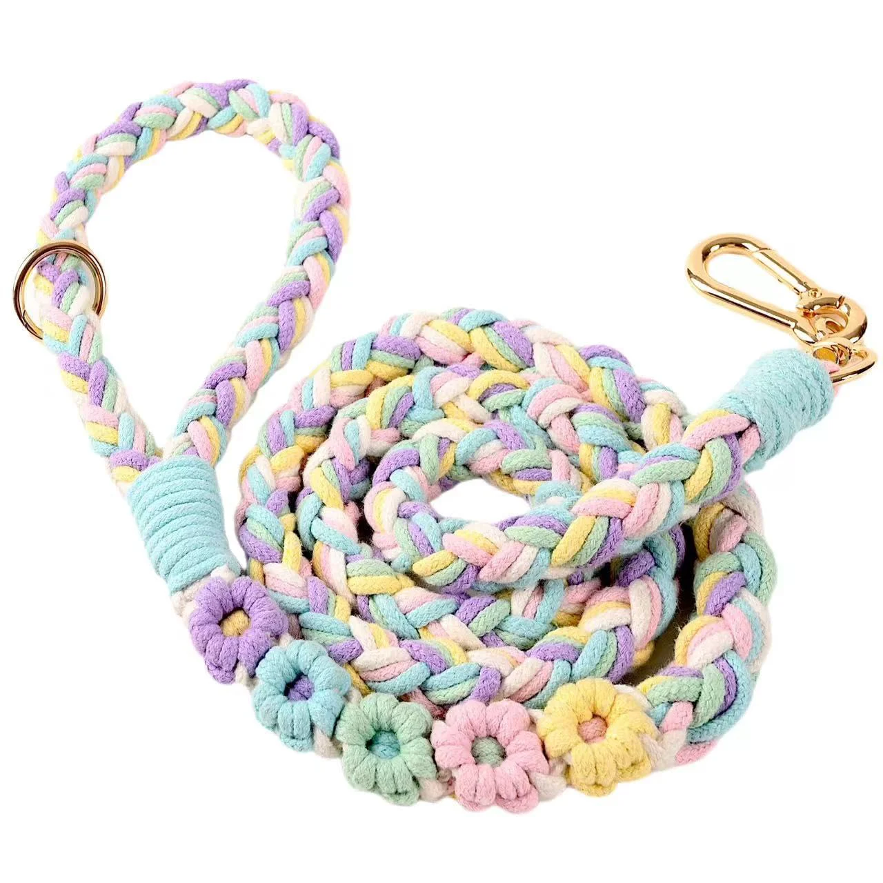 Effective Panda Jianghu Handmade 5ft Braided Cotton Dog Leash – Rainbow Floral Handle Green