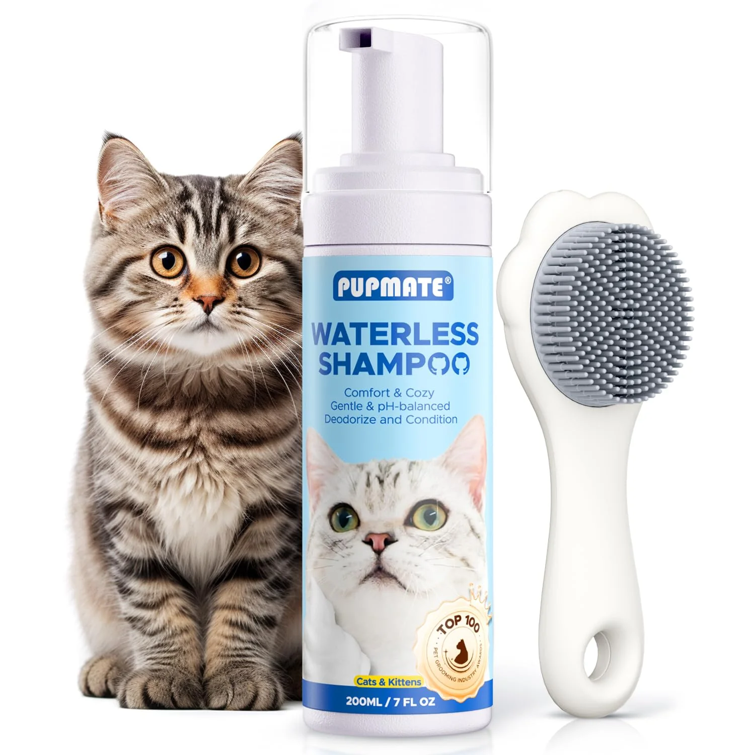 Traditional PUPMATE Cat Waterless Shampoo with Brush – No-Rinse Hypoallergenic Detangling Pure