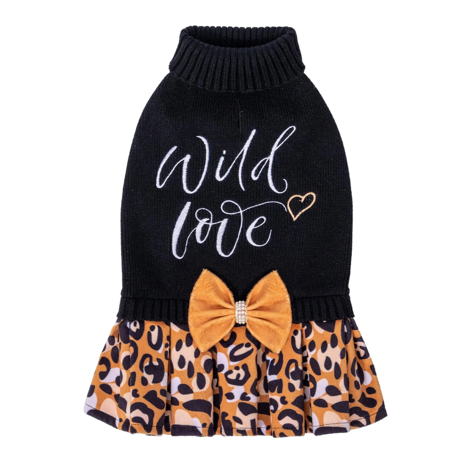 Selected CuteBone Leopard Brown Dog Sweater Dress for Medium Dogs – Knit Turtleneck with Bow Tie Unique