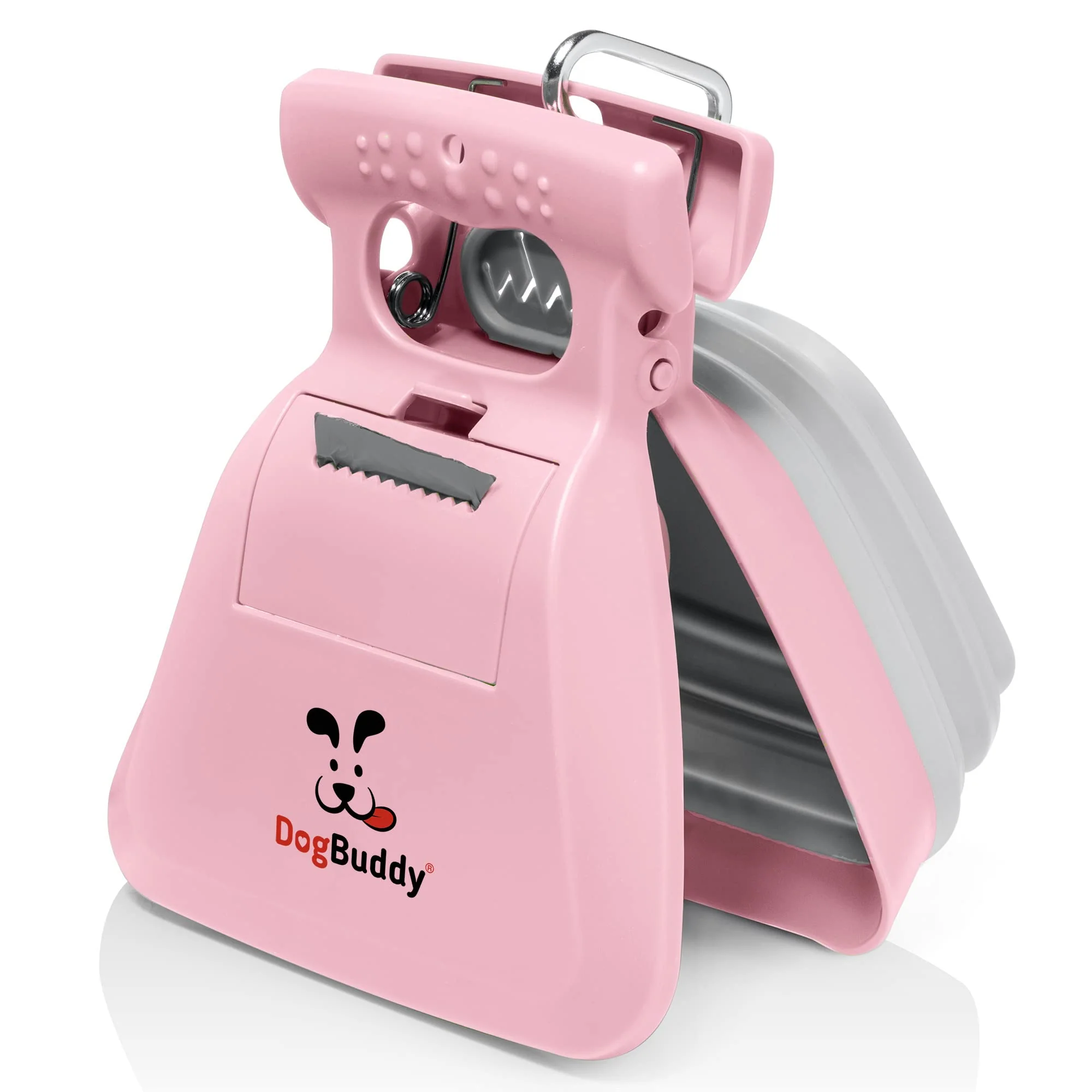 Solid DogBuddy Pooper Scooper – Portable Waste Scoop for All Sizes Large Pink with Leash Clip Bags Included Relaxed