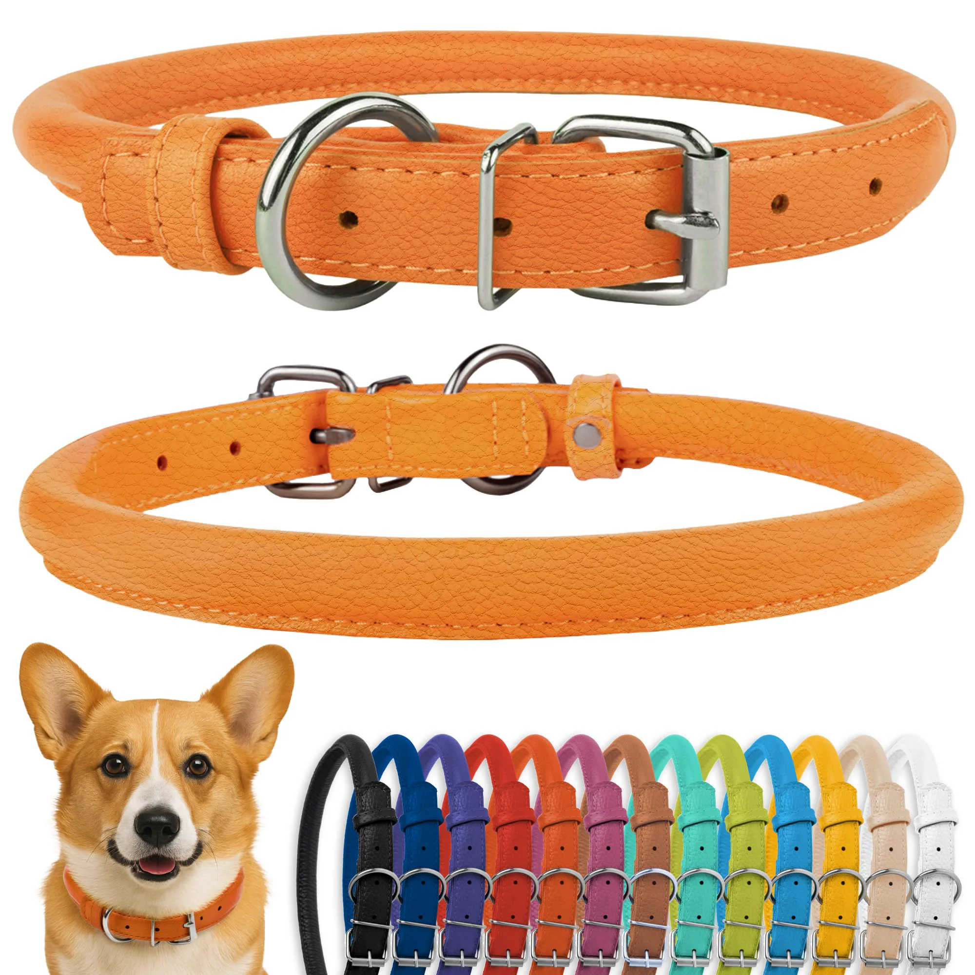 Durable CollarDirect Rolled Leather Dog Collar – Soft Padded Handmade Leather 11-14 Inch Orange Textured Specialty