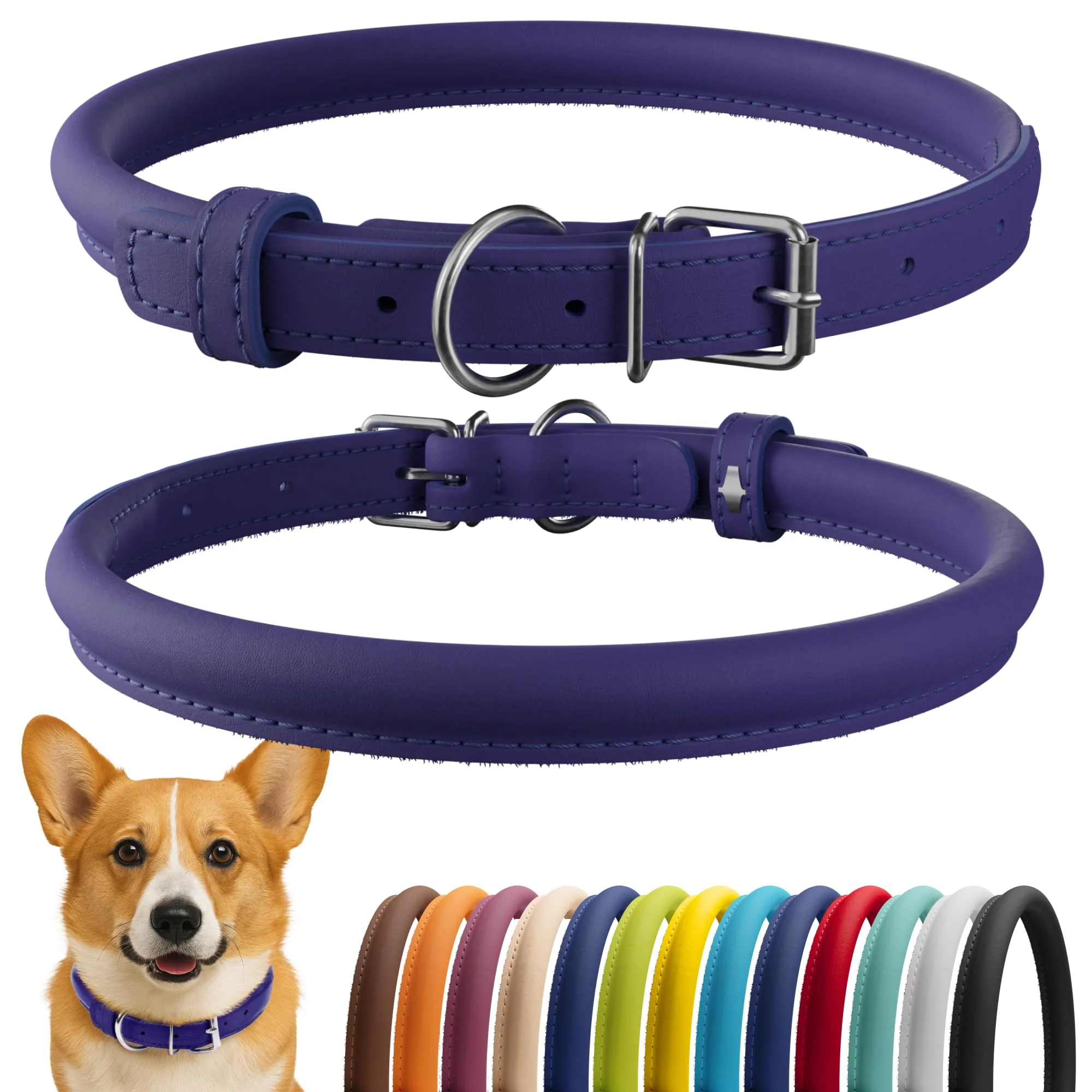 Proven CollarDirect Rolled Leather Dog Collar – Soft Padded 13 Colors 13-16 Inch Purple Smooth Refined