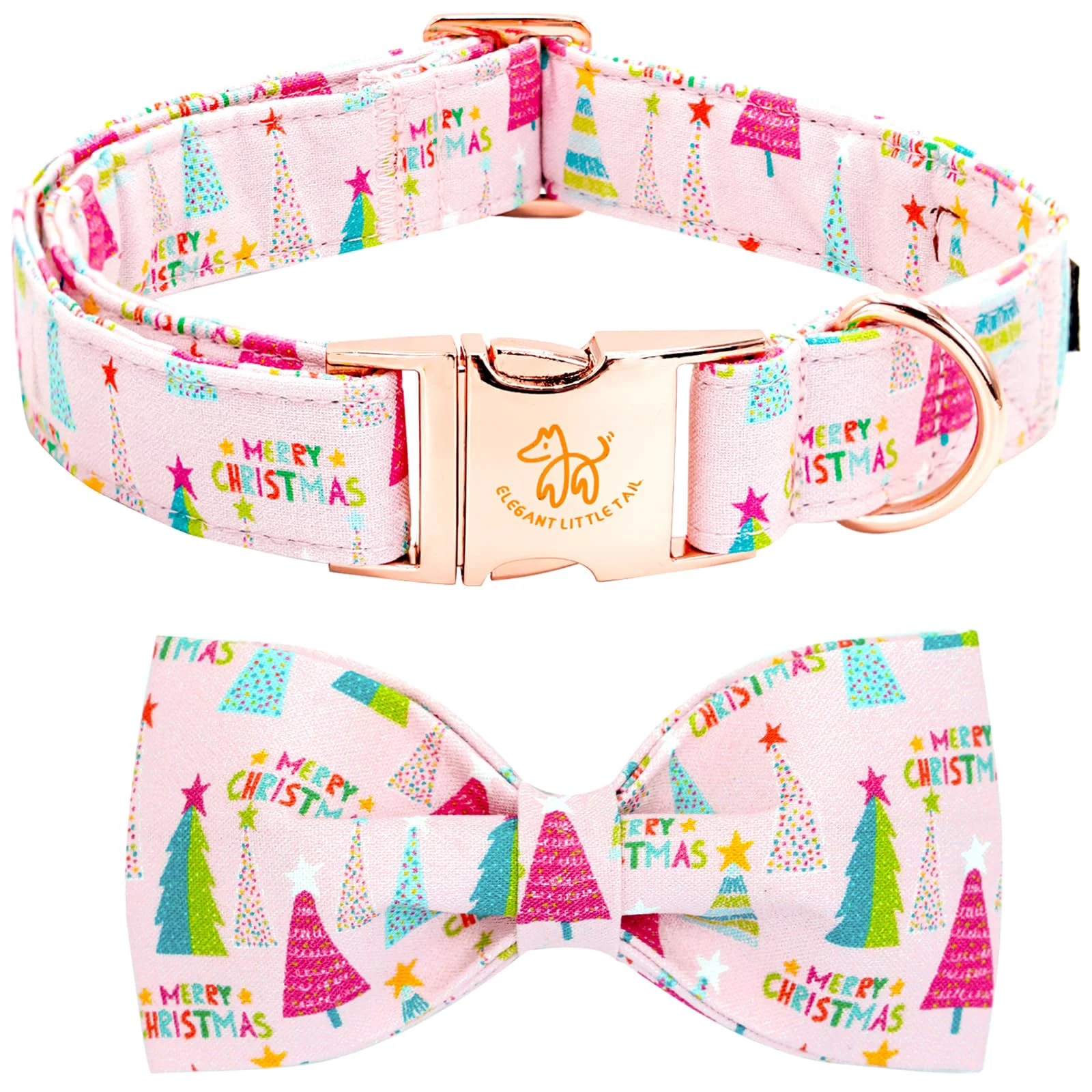 Convenient Elegant little tail Christmas Dog Collar – Pink Bow with Christmas Tree Pattern XL Adjustable Prestigious