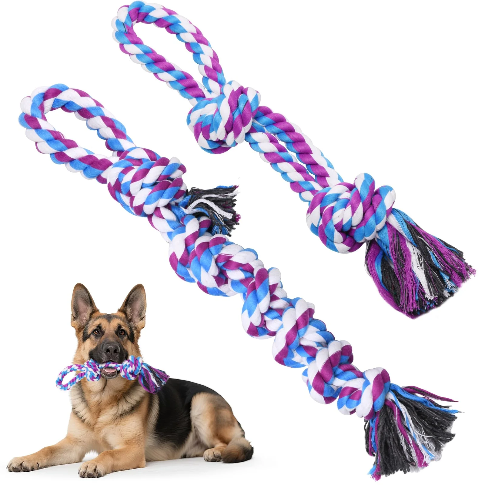 Professional LOOBANI Dog Rope Toys for Aggressive Chewers — 2-Pack Tug Dental Chew Purple Blue Comfortable