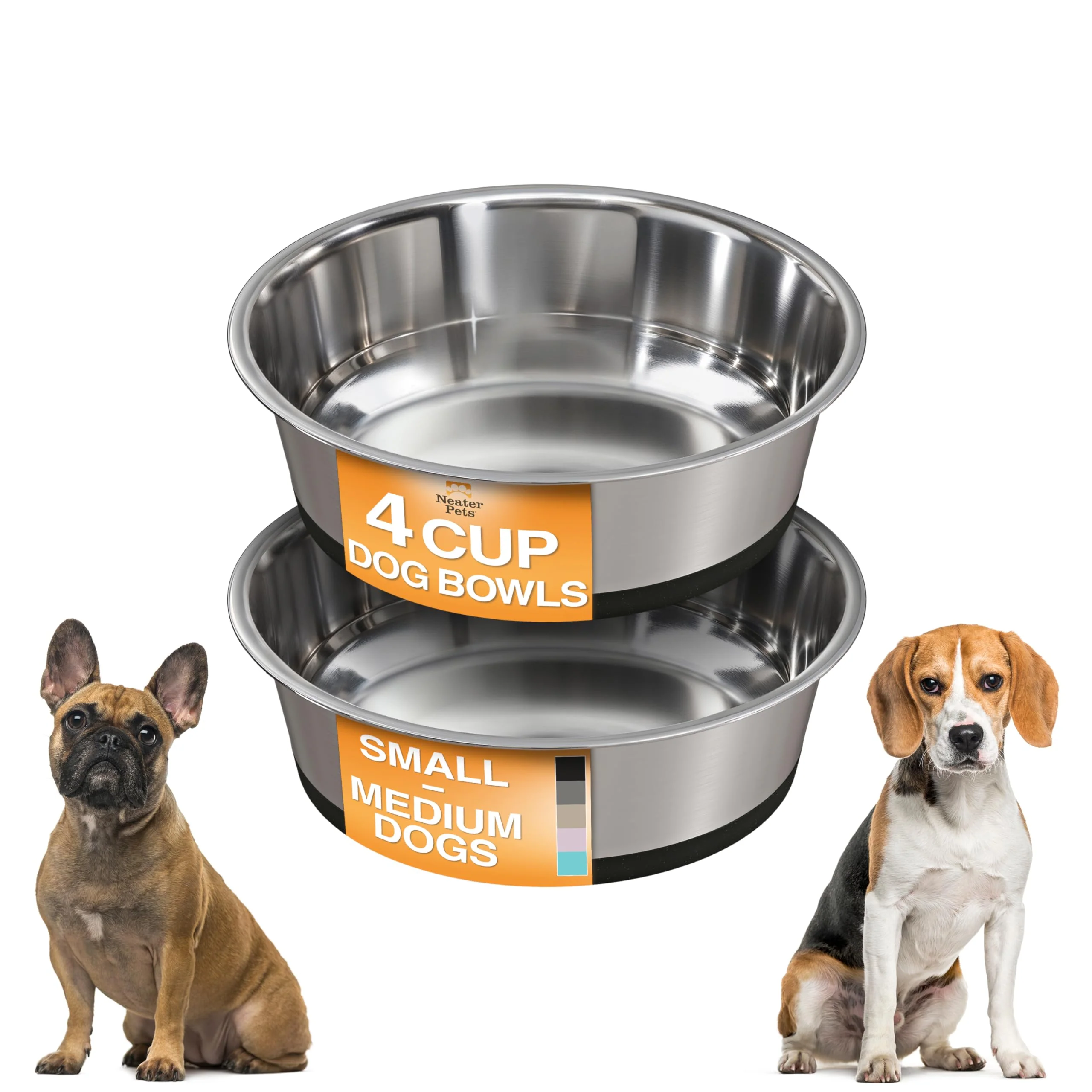 Pure Neater Pet Brands Stainless Steel Dog Bowls with Non-Slip Bottom – Set of 2 4 Cup 32 oz Black Premium