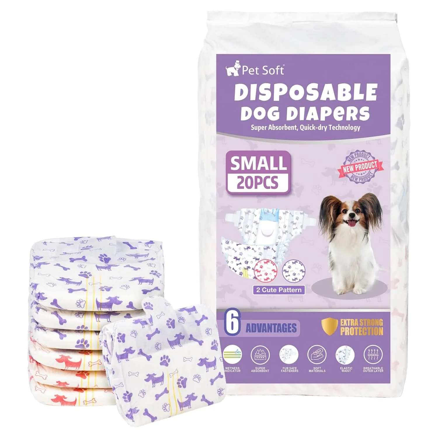 Long-Lasting Pet Soft Female Dog Diapers – Wetness Indicator Ultra-Absorbent 20ct Size S Mixed Patterns Durable