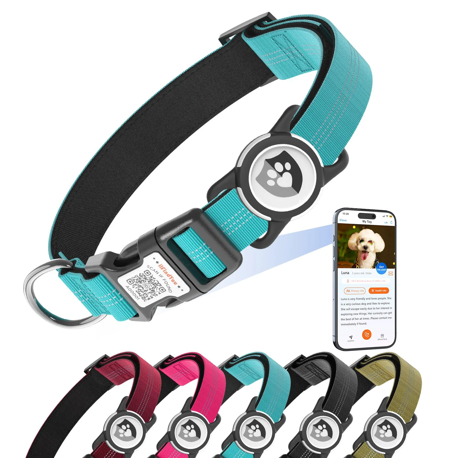 Clean ilFindYou Reflective Dog Collar with AirTag Holder for Medium Dogs – Soft Blue Nylon Size SilFindYou Reflective Dog Collar with AirTag Holder for Medium Dogs Reusable