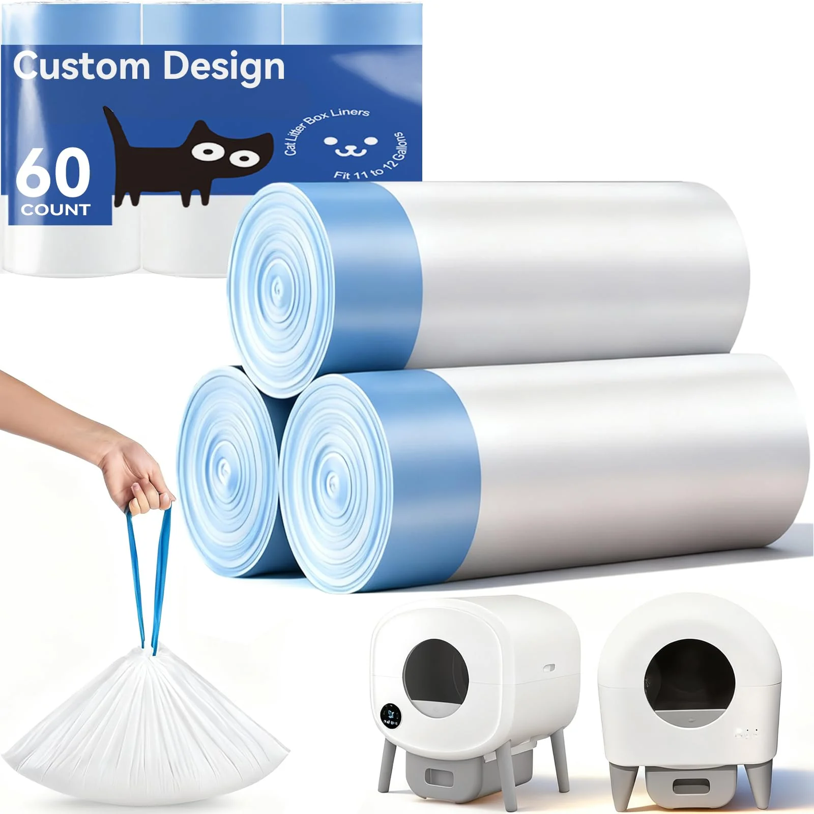 Practical KropBom 60-Count Drawstring Robot Litter Box Liners – Heavy-Duty LDPE Bags for Fsitego Fumoi Cumrige More Secure