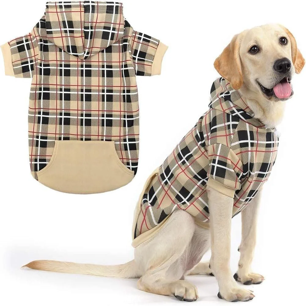 Solid EXPAWLORER Plaid Dog Hoodie – British Style Warm Sweater with Leash Hole Beige Large Detailed