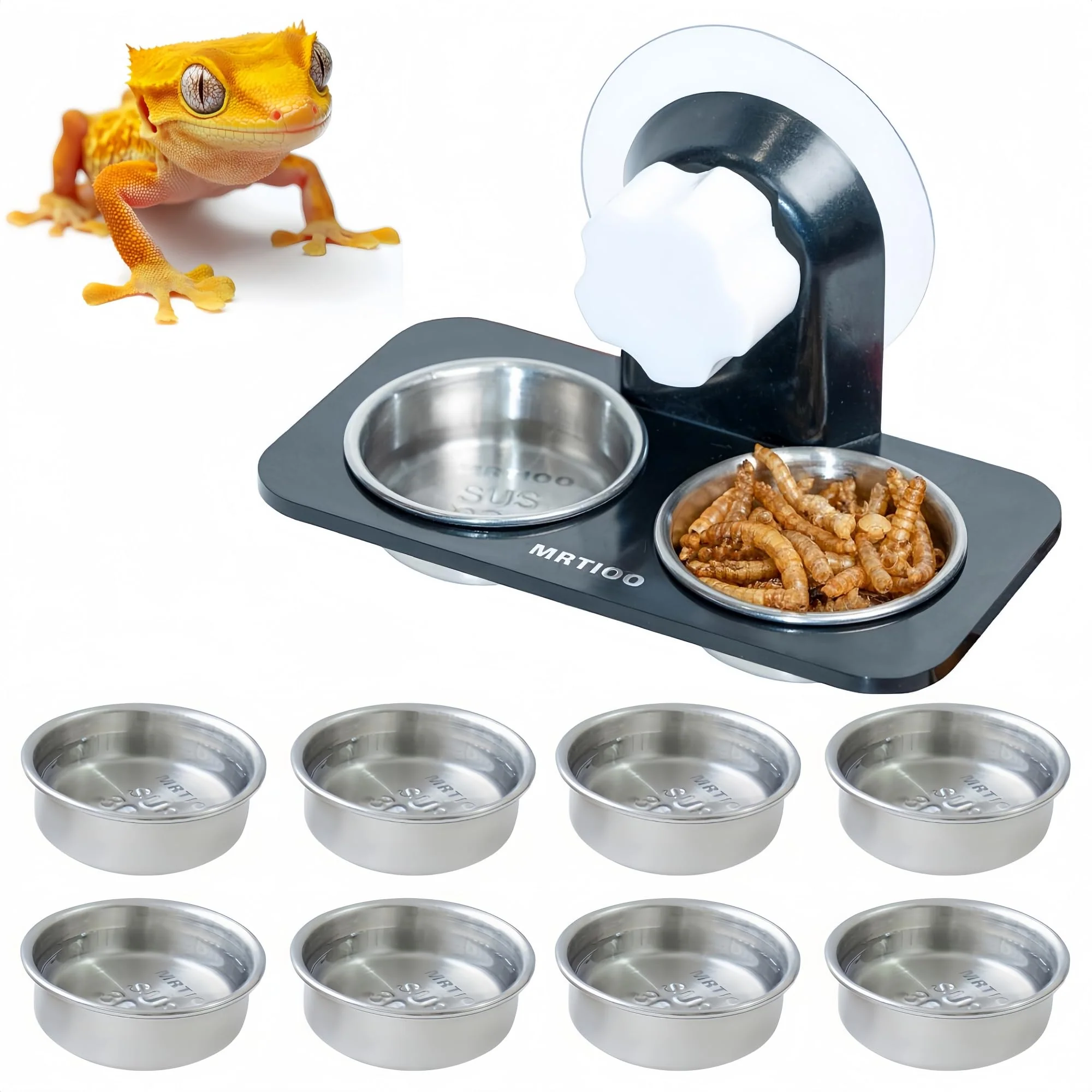 Outstanding MRTIOO Crested Gecko Feeding Ledge with 10 Stainless Steel Cups Non-Suction Mount Certified