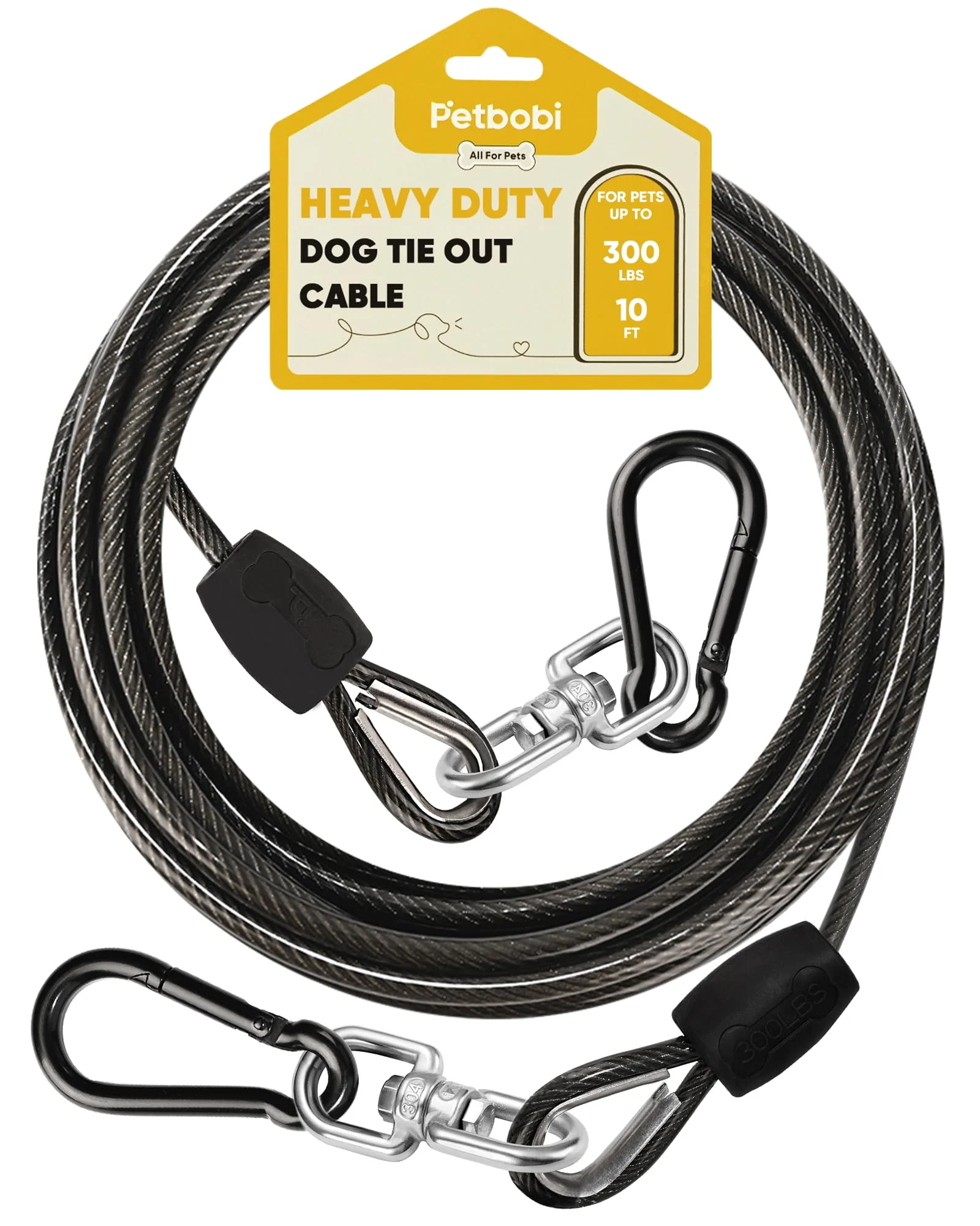 Fashionable Petbobi Heavy-Duty Dog Tie-Out Cable – 10ft 300 Lbs 6mm Stainless Steel 360° Swivel Stylish