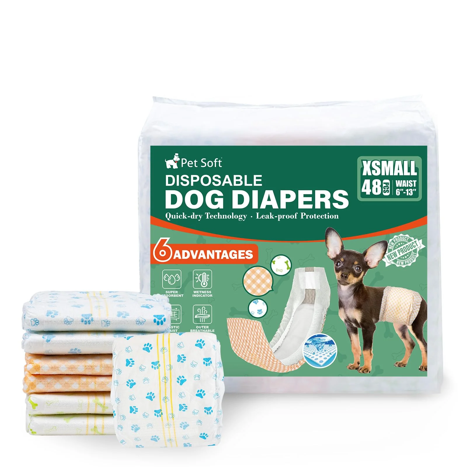 Optimized Pet Soft Disposable Dog Diapers for Male Dogs – Wetness Indicator Ultra Absorbent 48 Count XSmall High-Quality
