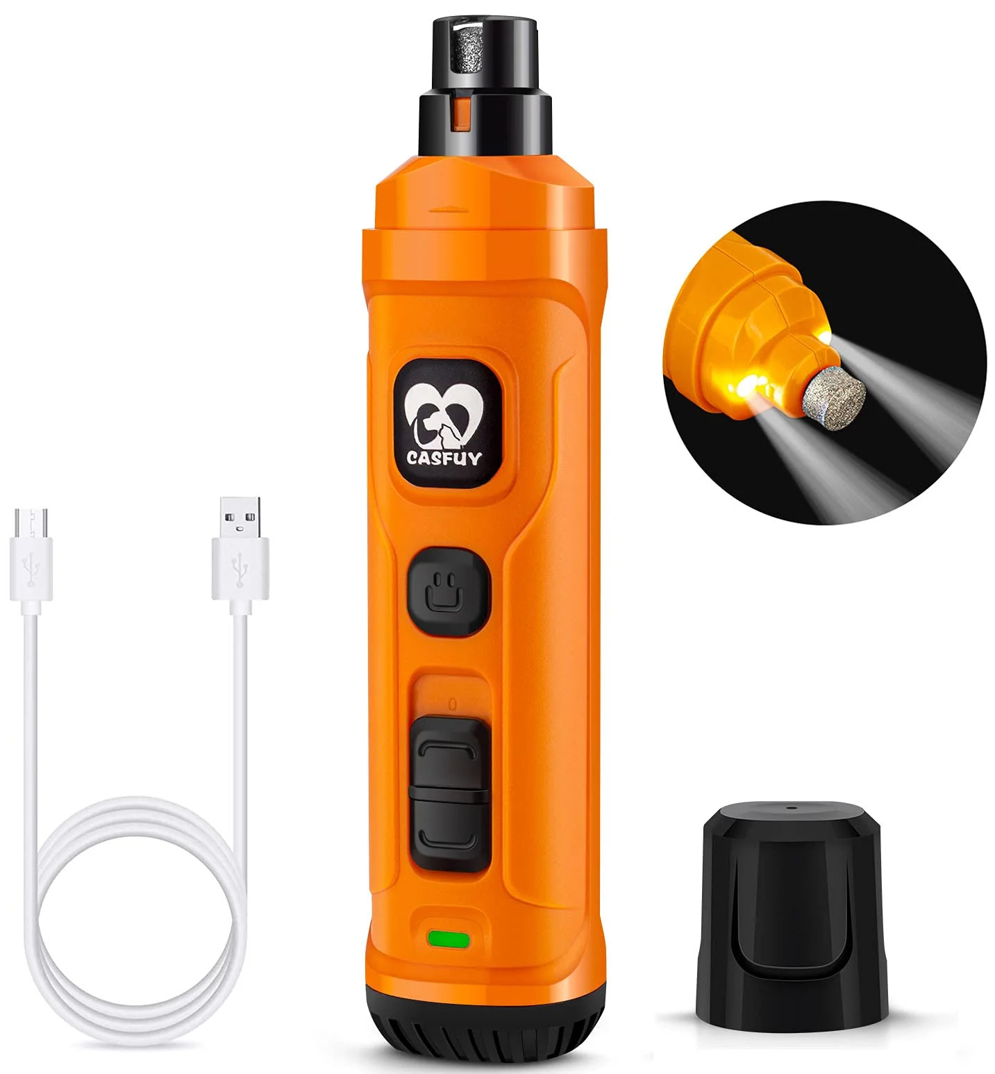 Comfortable Casfuy Dog Nail Grinder with 2 LED Lights 2-Speed Quiet Pet Trimmer Orange User-Friendly