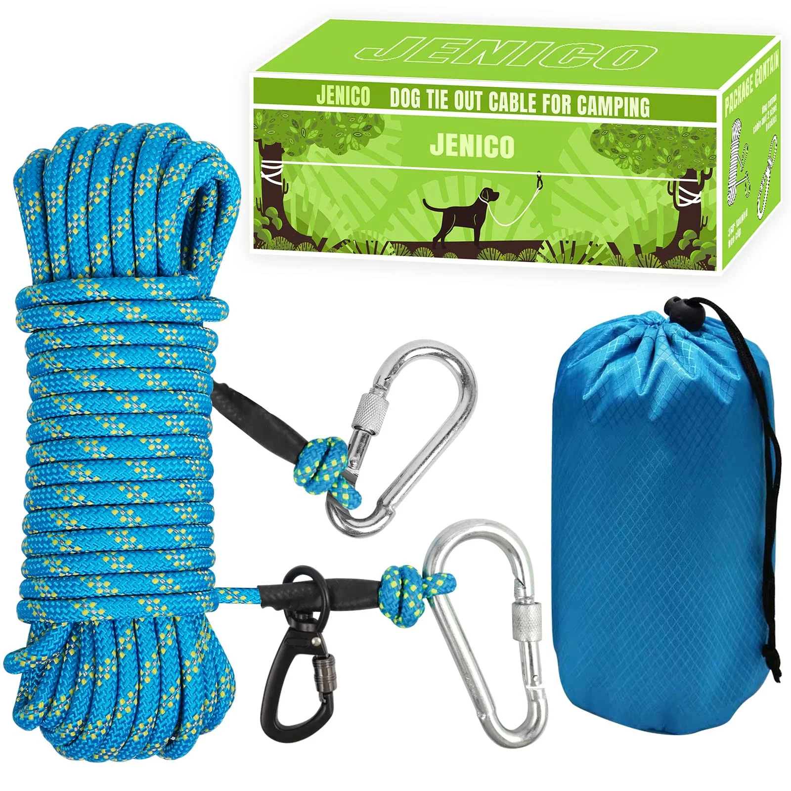 Pure Jenico Dog Tie Out Cable – 50ft 70ft 100ft Reflective Overhead Trolley System for Dogs Up to 300lbs Blue Next-Generation