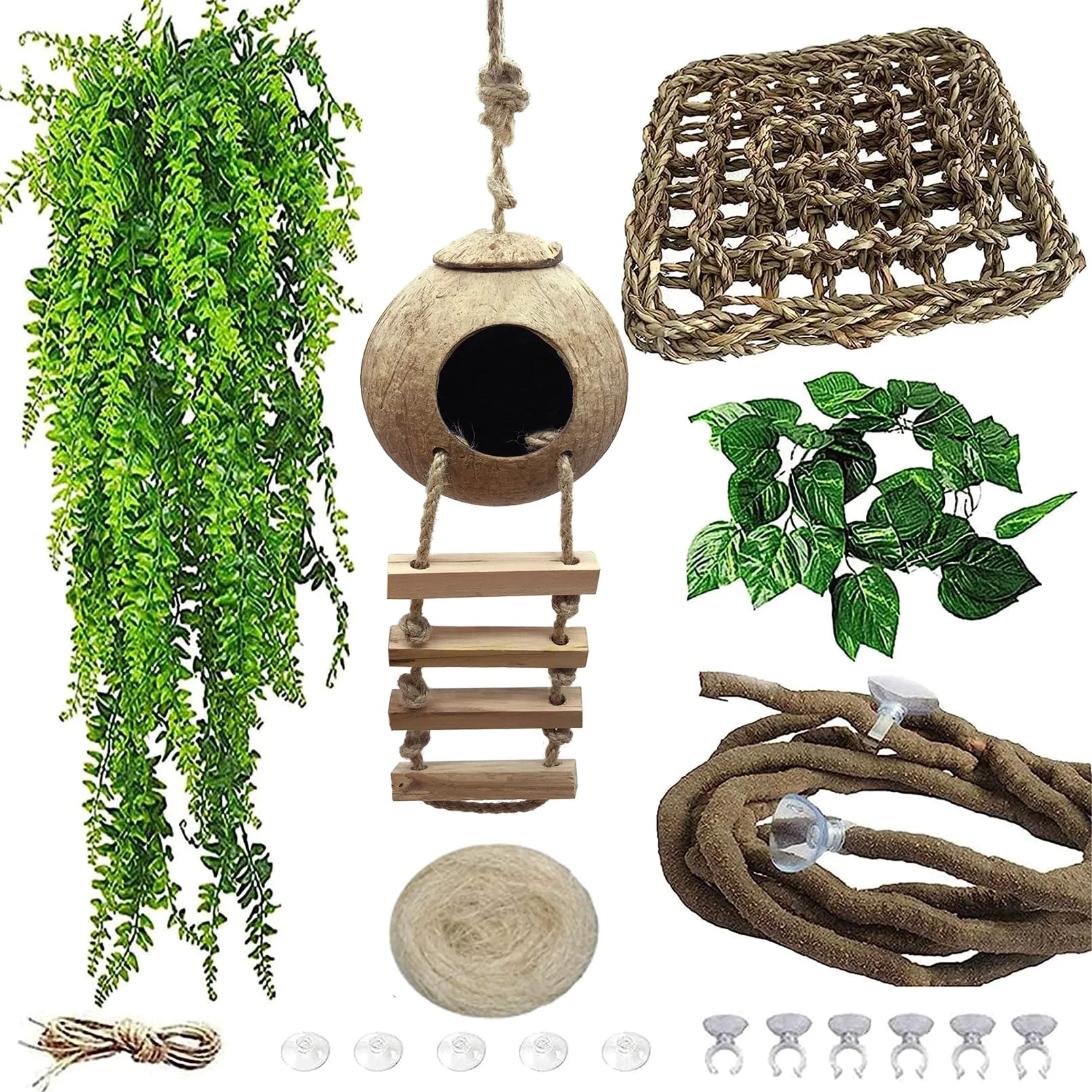 Clean MUYG Crested Gecko Tank Accessories – Coconut Hut Hideout Hammock Jungle Vines Fine