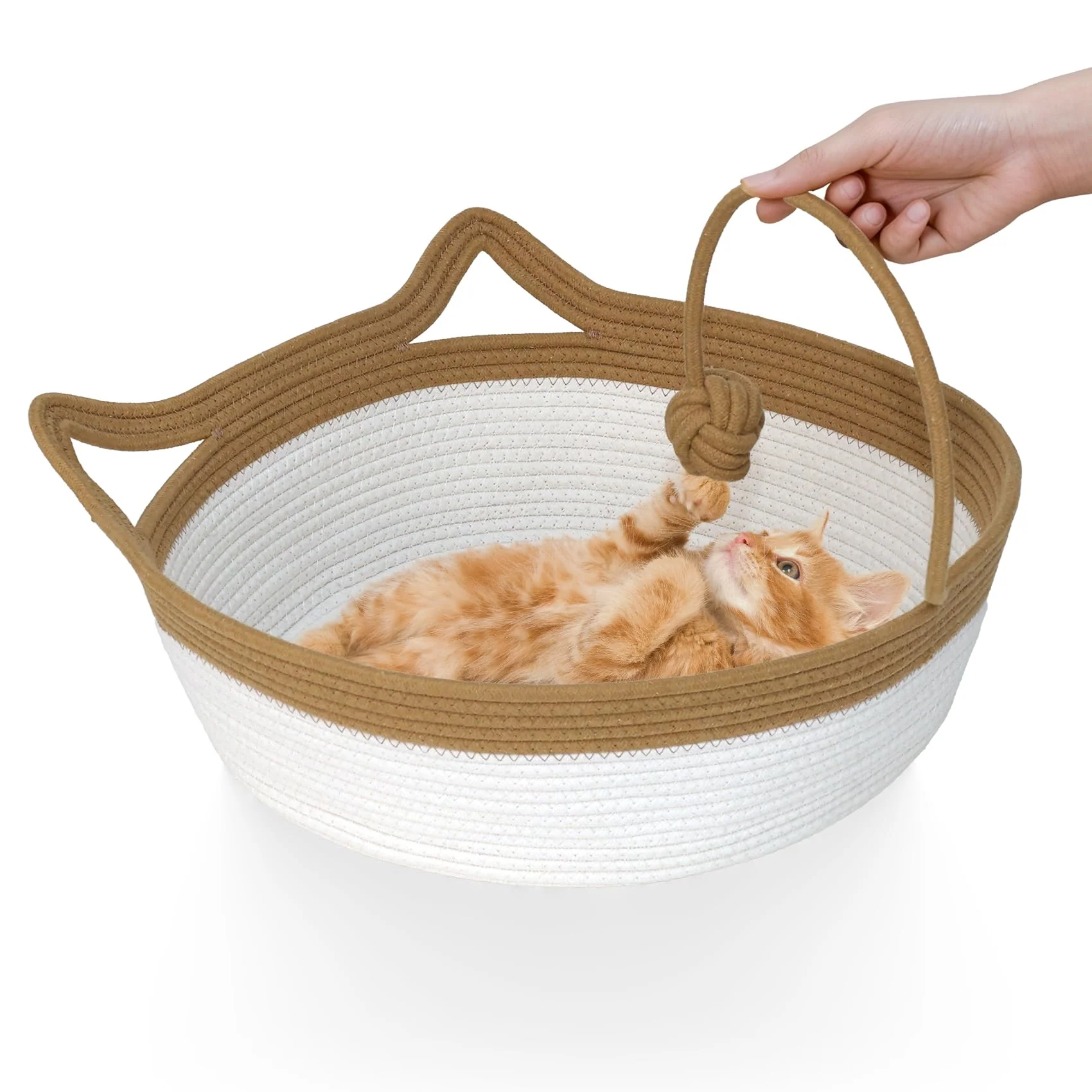 Carefully Designed WEAVELYRICS Cotton Rope Cat Bed with Teaser Ball – Foldable Hand-Woven Sofa Bed Medium Brown Beige Fine Crafted