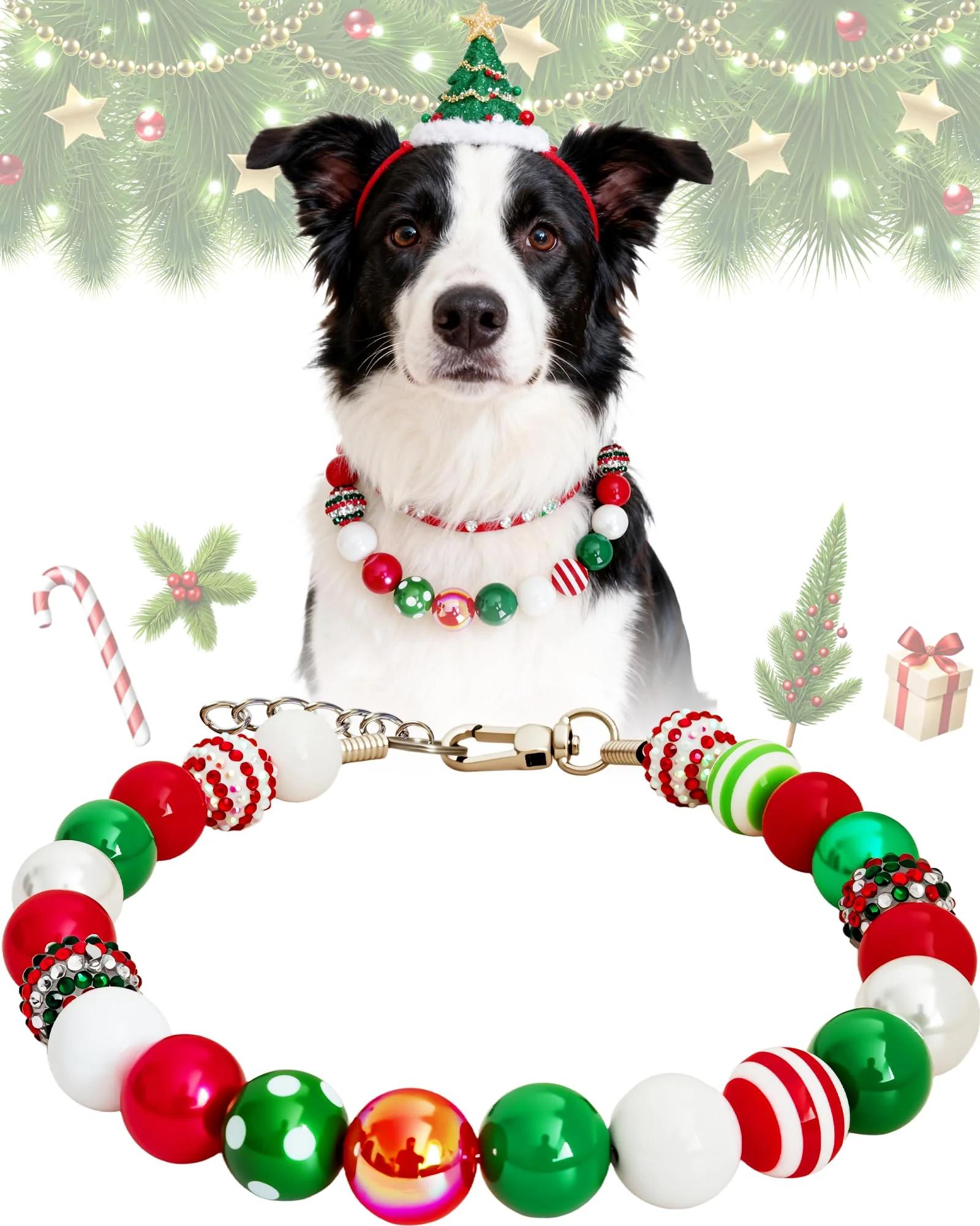Exclusive KUDES Christmas Bubblegum Dog Collar Necklace – Adjustable Red Green Beaded 16-23.5 inches for Medium to Large Dogs Excellent