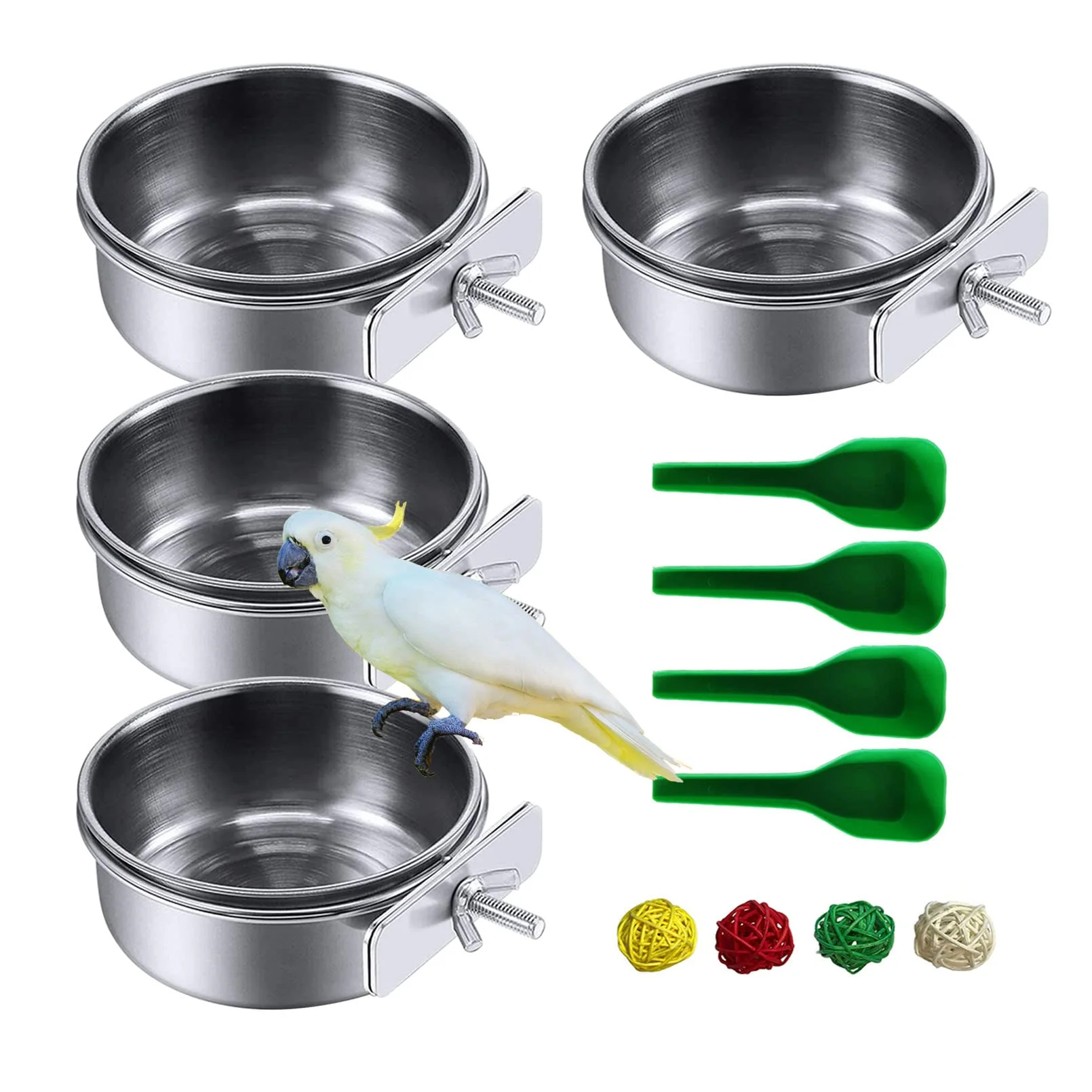 Enhanced Kathson 4-Pcs Stainless Steel Bird Feeding Bowls with Clamp Holder – Parrot Cage Cups Flexible