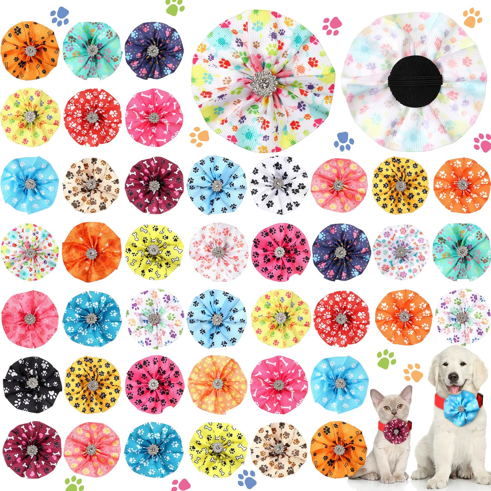 Fine Crafted Huhumy 50 Pcs Paw Print Collar Bows Bulk for Dogs Cats – 25 Designs Elastic Back Attachments Original