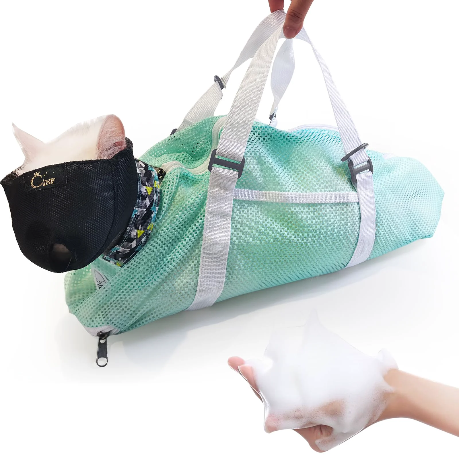 Enhanced Cinf Cat Bathing Bag Mint – Breathable Mesh Grooming with Muzzle Carefully Designed