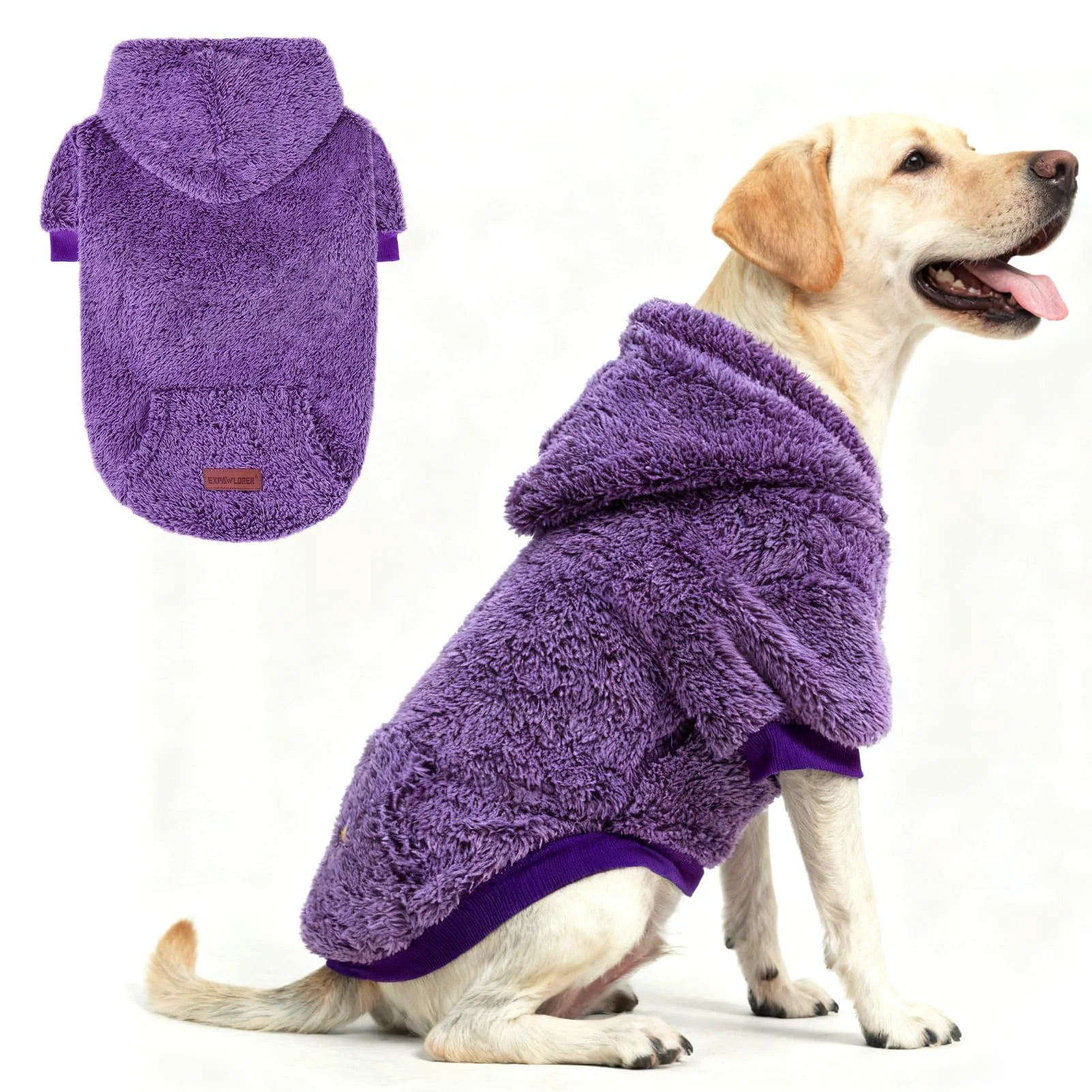 Durable EXPAWLORER Fuzzy Dog Sweaters – Plush Hooded Coat with Leash Hole Purple XL Sophisticated