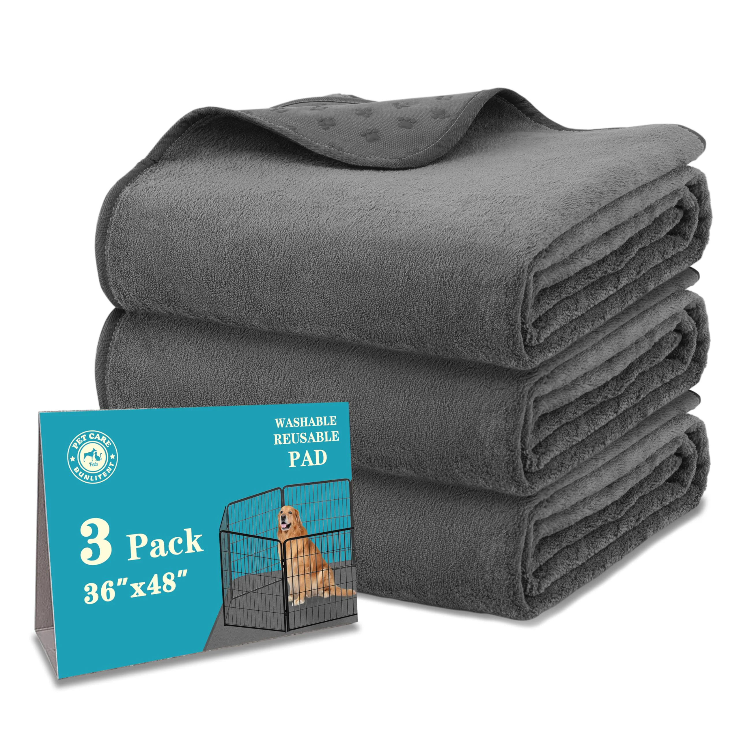 Healthy Bunlitent Washable Dog Pee Pads – 3 Pack 36×48 Non-Slip Waterproof Gray Safe