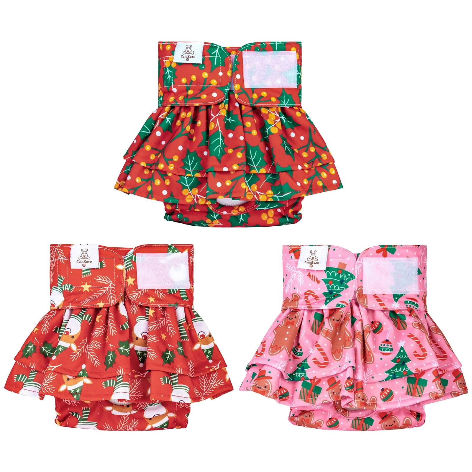Powerful CuteBone Female Dog Diapers with Christmas Skirts — 3 Pack Reusable for Heat Recyclable