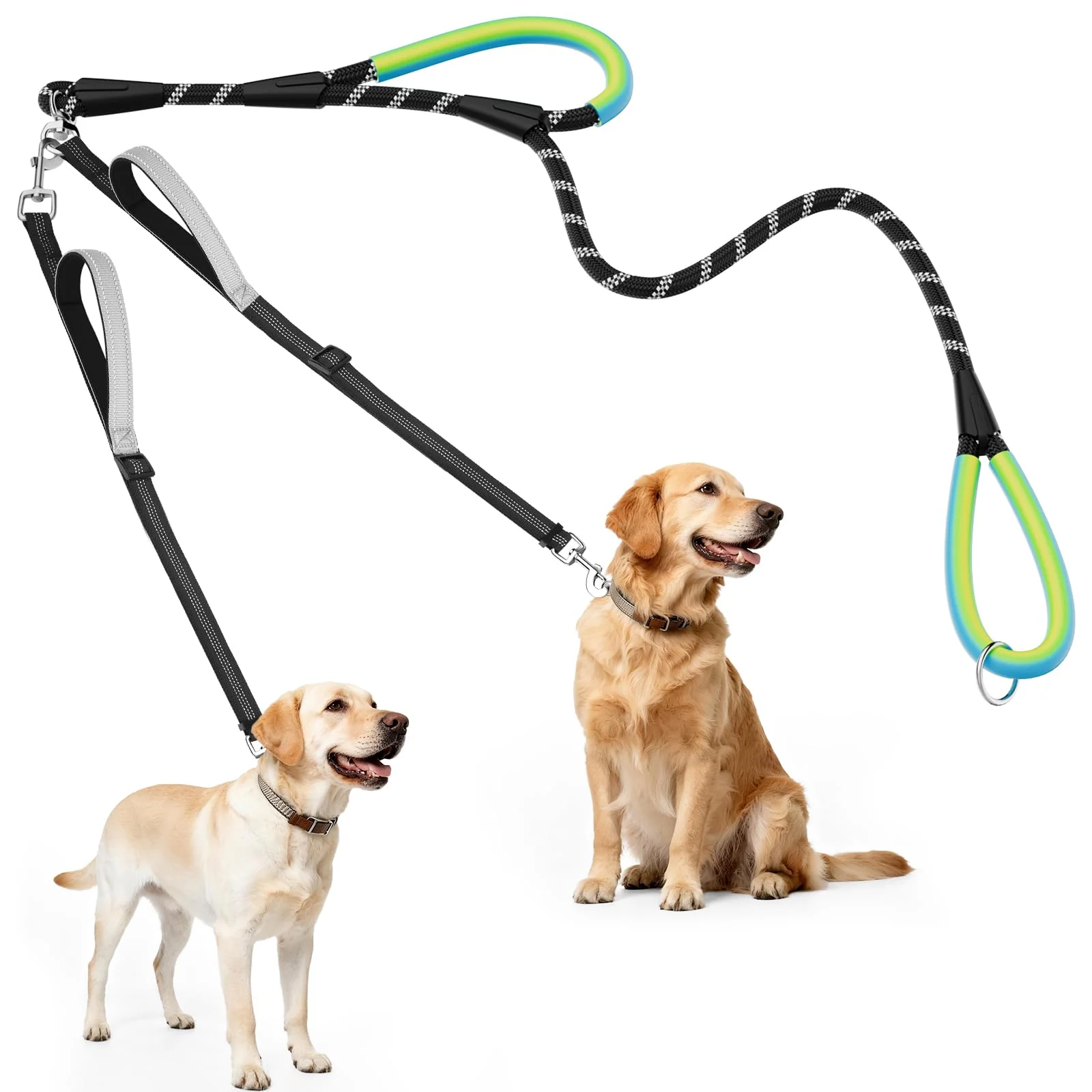 Elite XiaZ Double Dog Leash for Two Dogs No-Tangle 360° Swivel 4 Handles Reflective Rope Functional