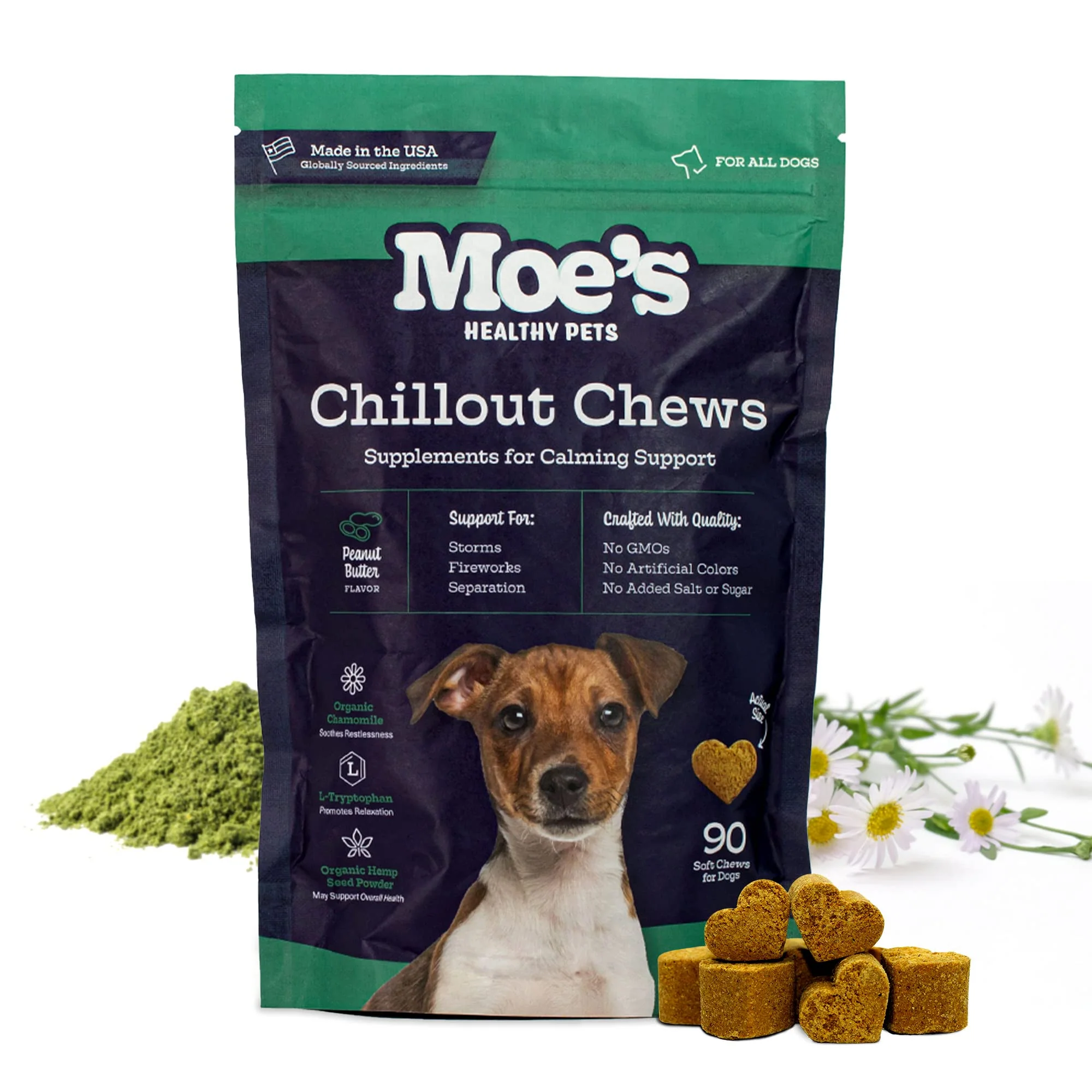 Reusable Moe s Calming Chews for Dogs 90ct – Natural Anxiety Support with Hemp Chamomile Tryptophan Peanut Butter Classic