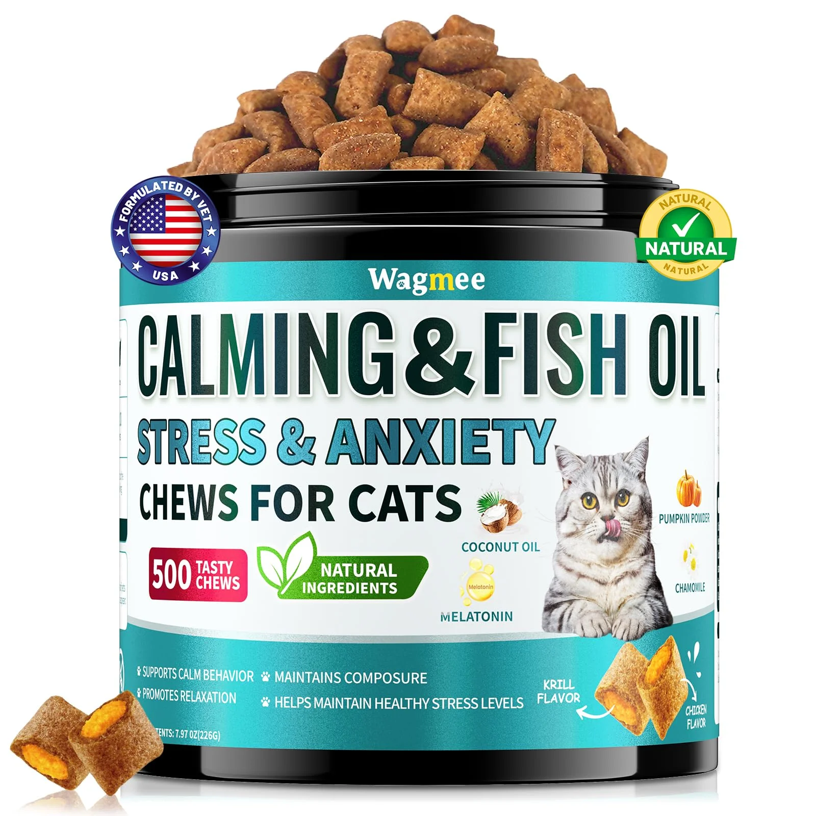 Reliable Wagmee Cat Calming Treats – Melatonin Chamomile for Cat Anxiety Relief Chicken Krill Flavor Excellent