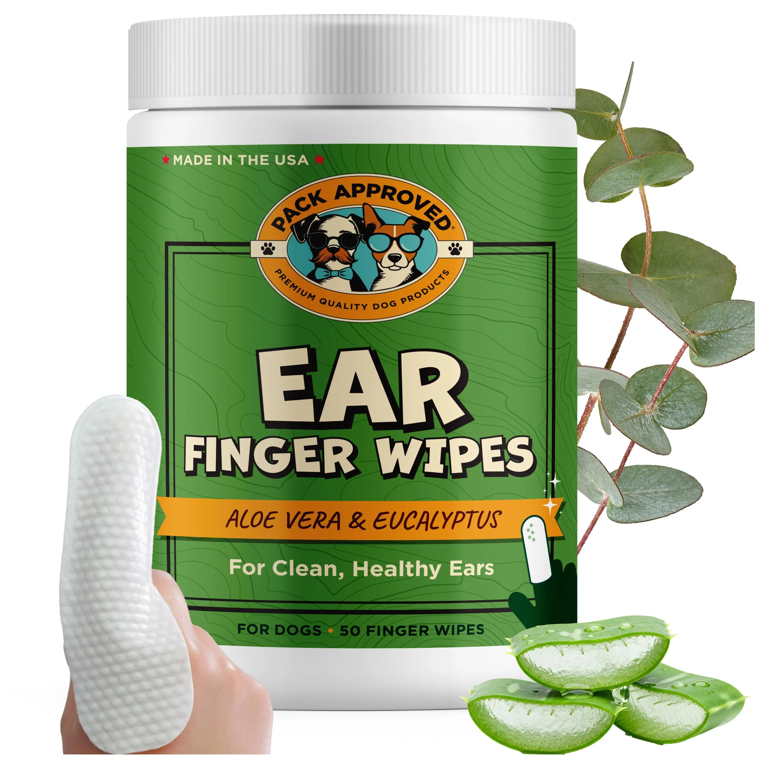 Solid Pack Finger Ear Wipes for Dogs with Aloe Vera and Eucalyptus – Extra-Coverage Large Design 50 Wipes Consistent
