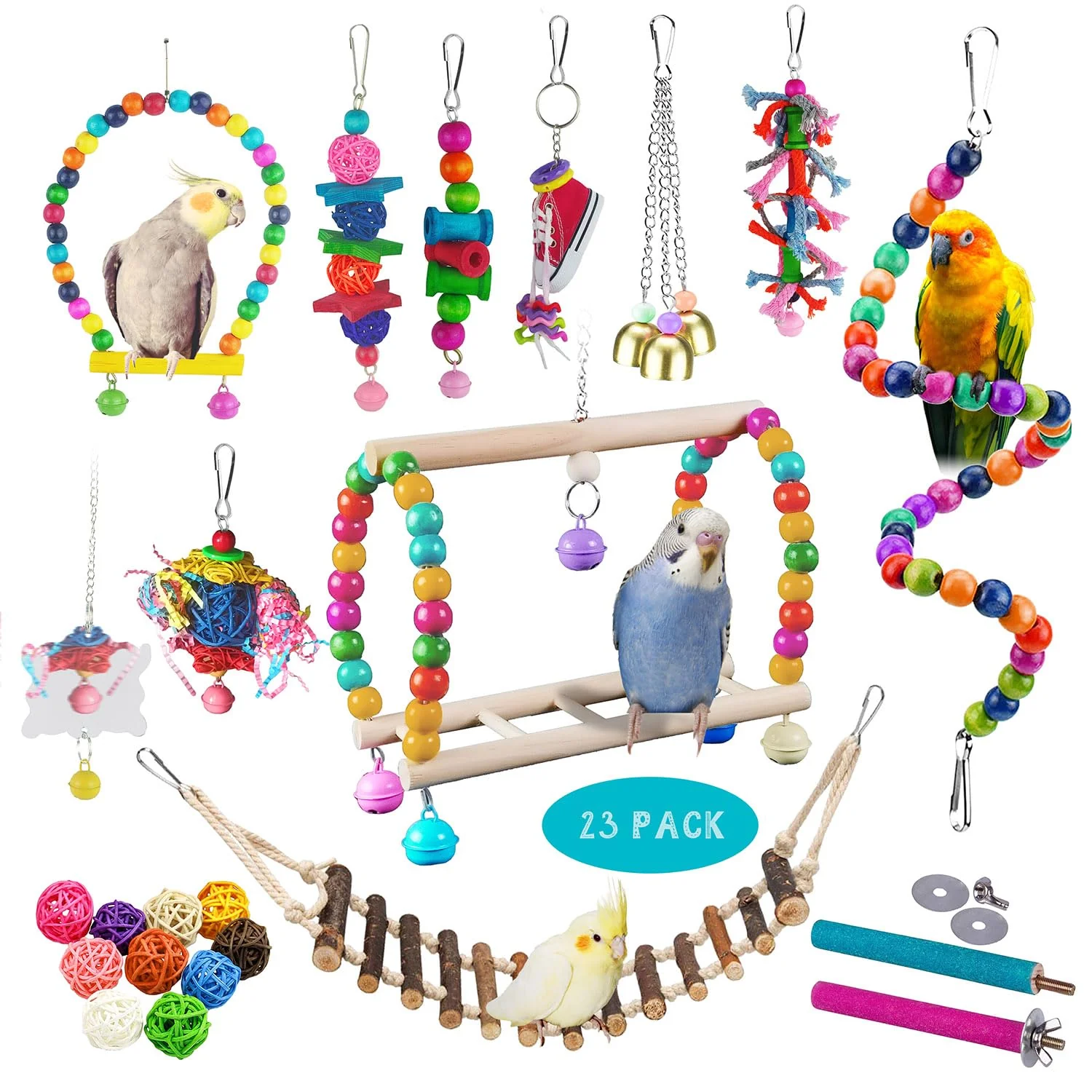 Certified Sysmashing 23pcs Bird Toys Set for Parakeets Cockatiels Small Parrots — Safe Wood Bells and Colorful Climbing High-Quality