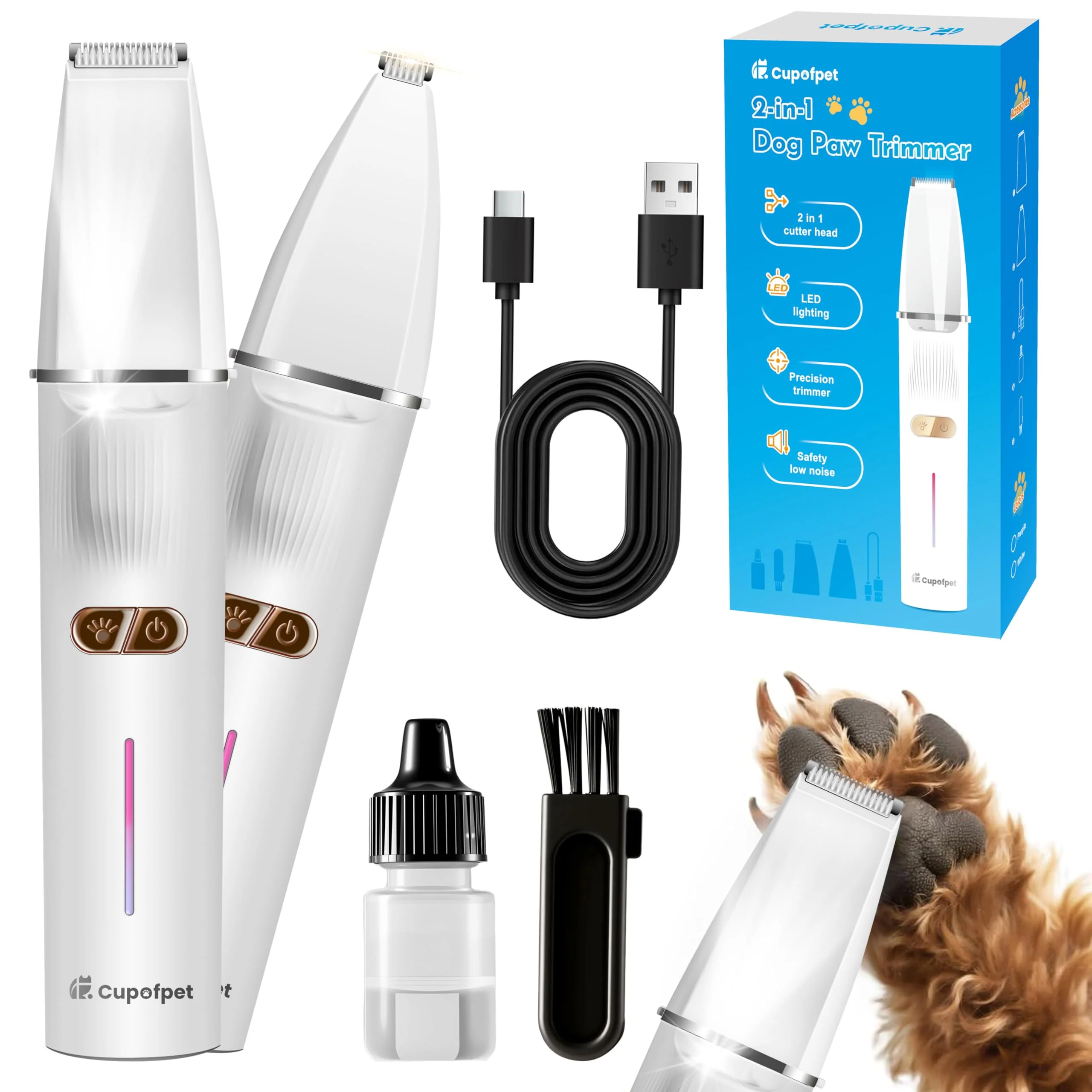 Official Cupofpet 2-in-1 Dog Paw Trimmer with 2 Blades Quiet Cordless Groomer with 2 Speeds USB-C White Authentic