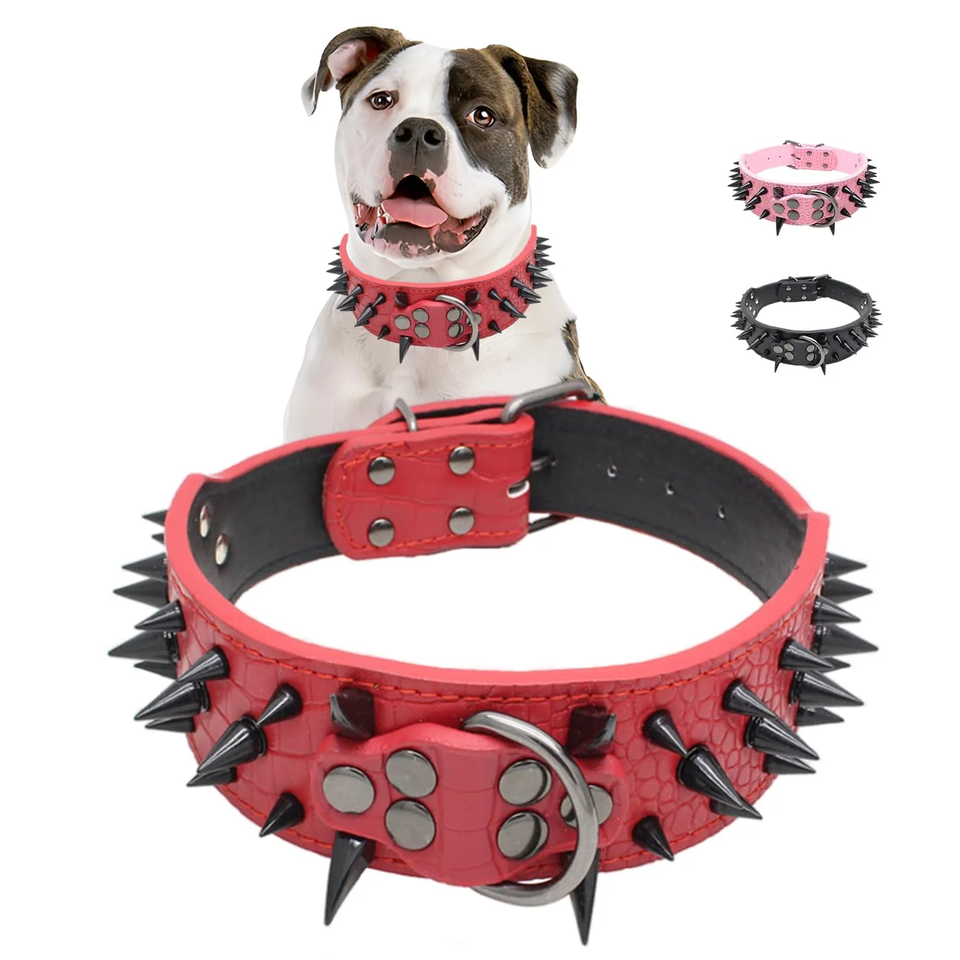 Sustainable YOUALSO Spiked Dog Collar 2in Wide – Adjustable Red Riveted Collar for Medium-Large Dogs 19-22in Neck Crafted