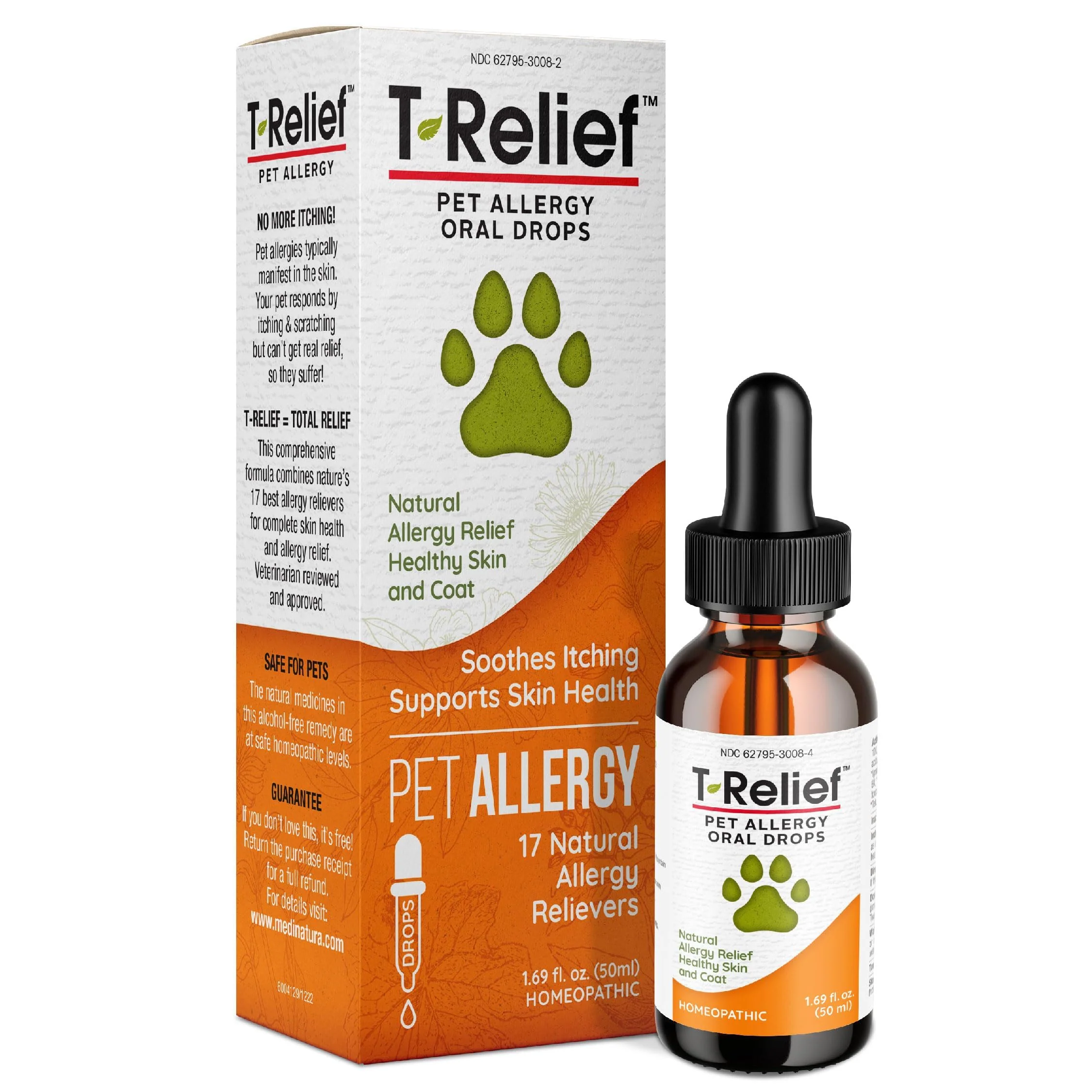 Clean MediNatura T-Relief Pet Allergy Drops for Dogs Cats Natural Itch Skin Support 1.69 fl oz Crafted
