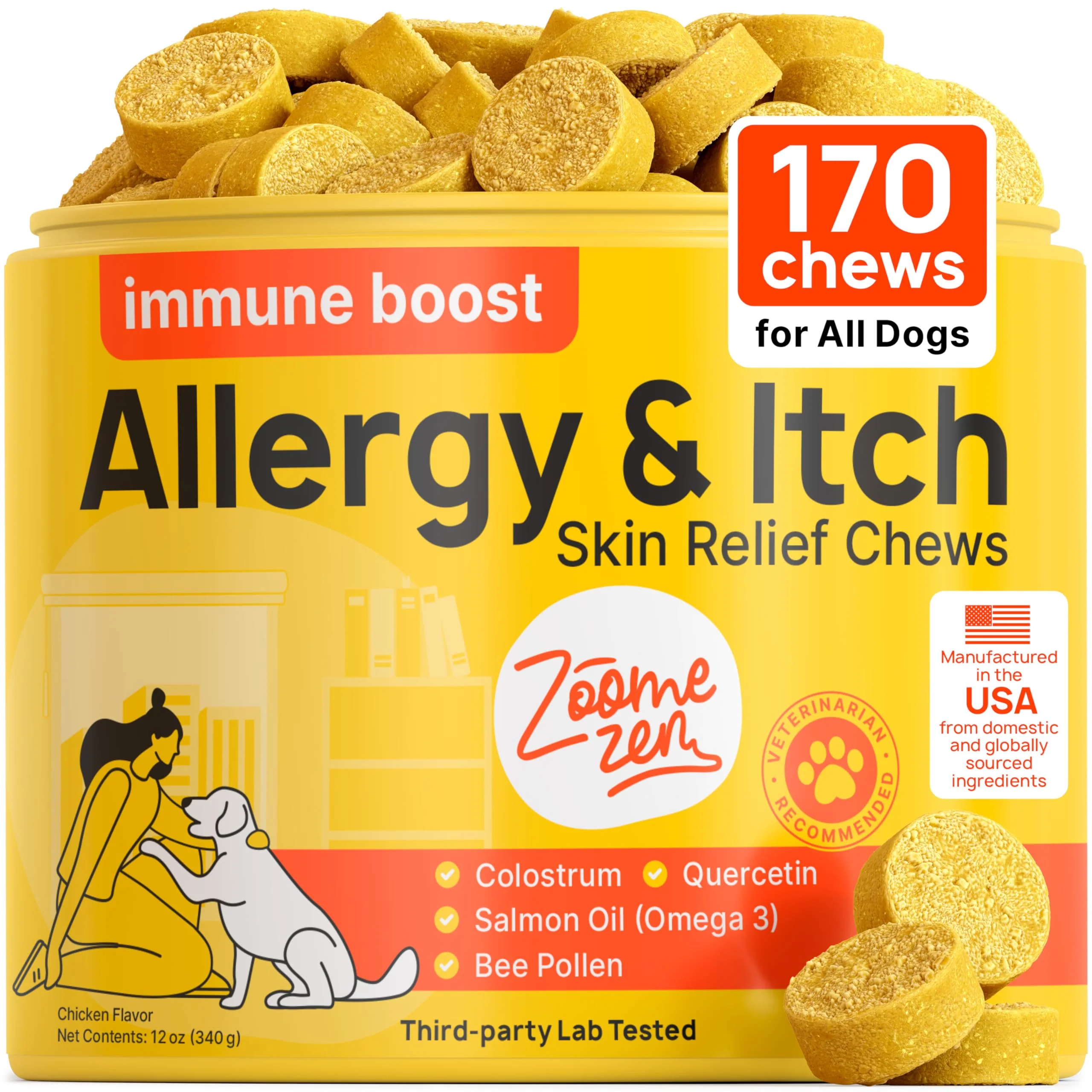 Refined ZOOMEZEN Dog Allergy Chews – Itch Relief Immune Support Omega-3 – 170 Count – Made in USA Dependable